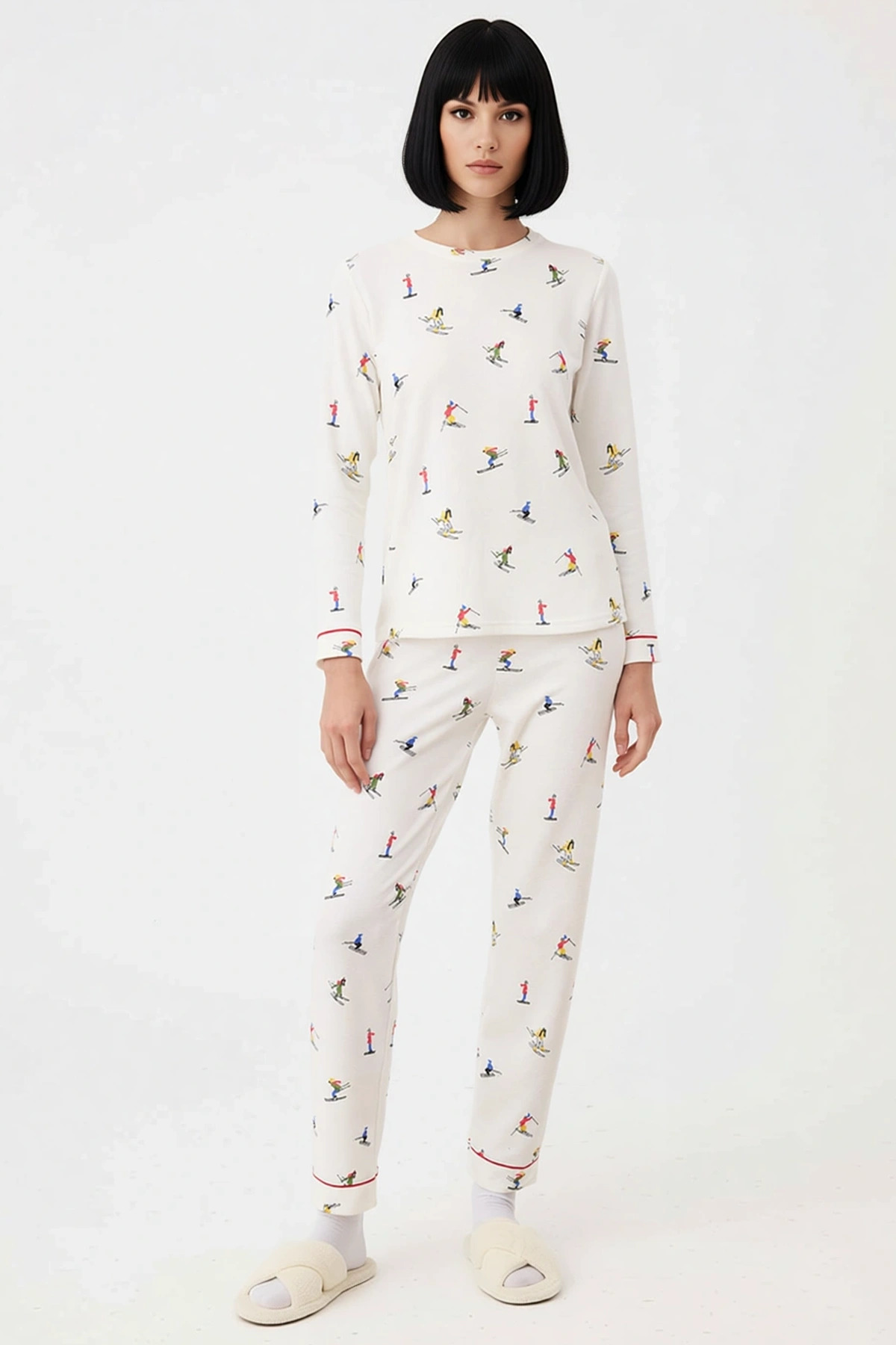 Kadın Bisiklet Yaka Uzun Kol Regular Kalıp Waffle Örme Pijama Takımı Fonksiyonel Dayanıklı