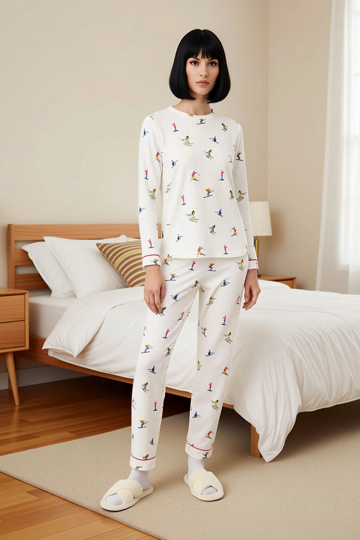 Kadın Bisiklet Yaka Uzun Kol Regular Kalıp Waffle Örme Pijama Takımı Fonksiyonel Dayanıklı