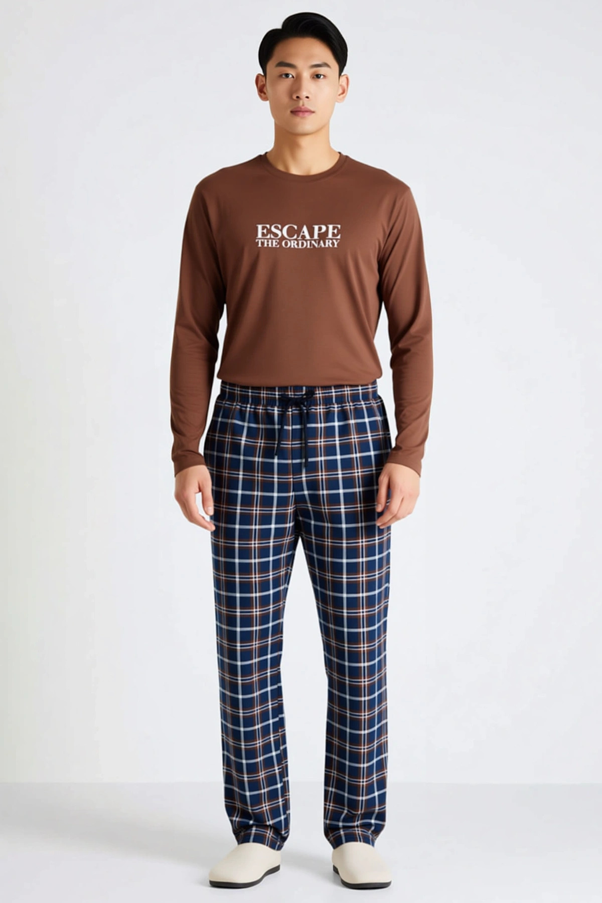Erkek Bisiklet Yaka Standart Kol Uzun Kollu Sweatshirt Boru Paça Pantolon Ekose Desenli Örme Pijama