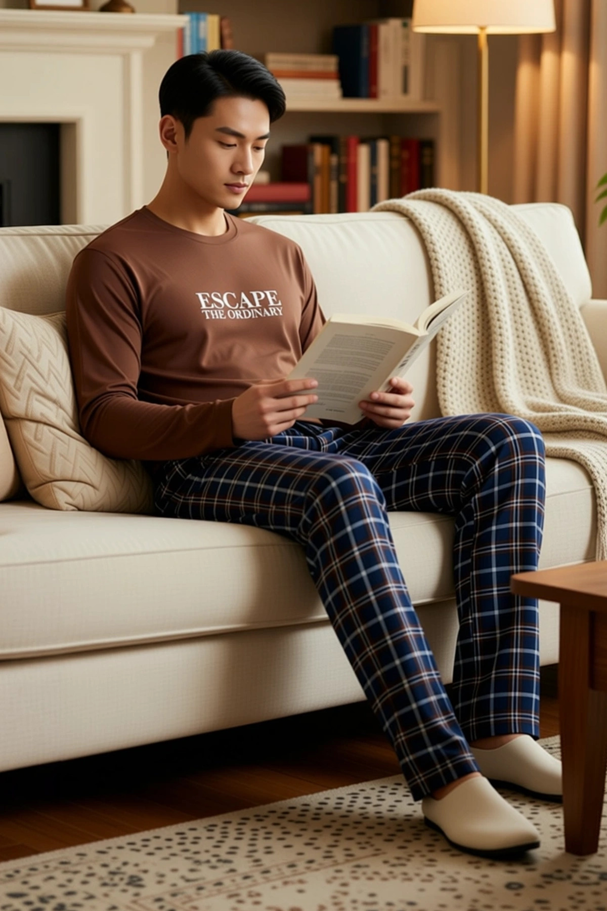Erkek Bisiklet Yaka Standart Kol Uzun Kollu Sweatshirt Boru Paça Pantolon Ekose Desenli Örme Pijama