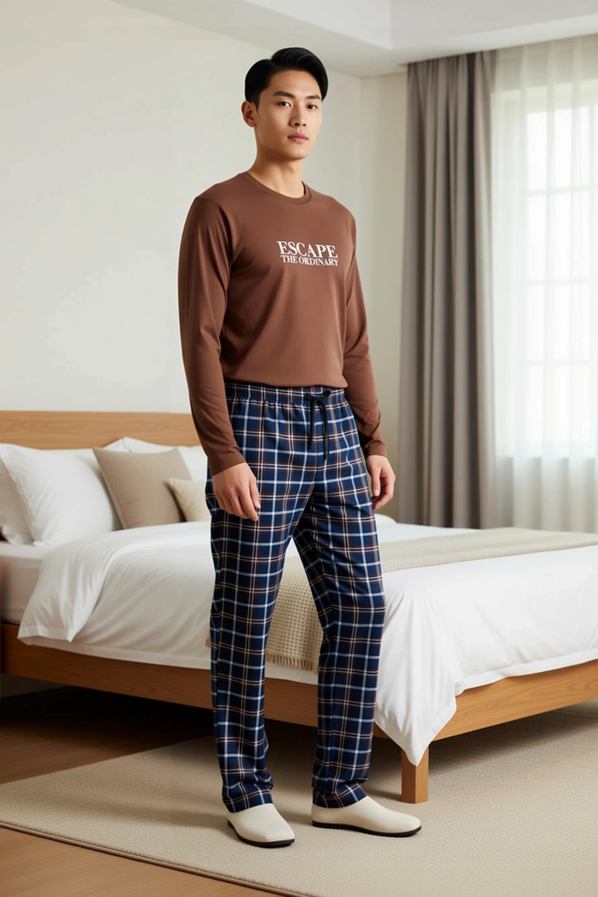 Erkek Bisiklet Yaka Standart Kol Uzun Kollu Sweatshirt Boru Paça Pantolon Ekose Desenli Örme Pijama