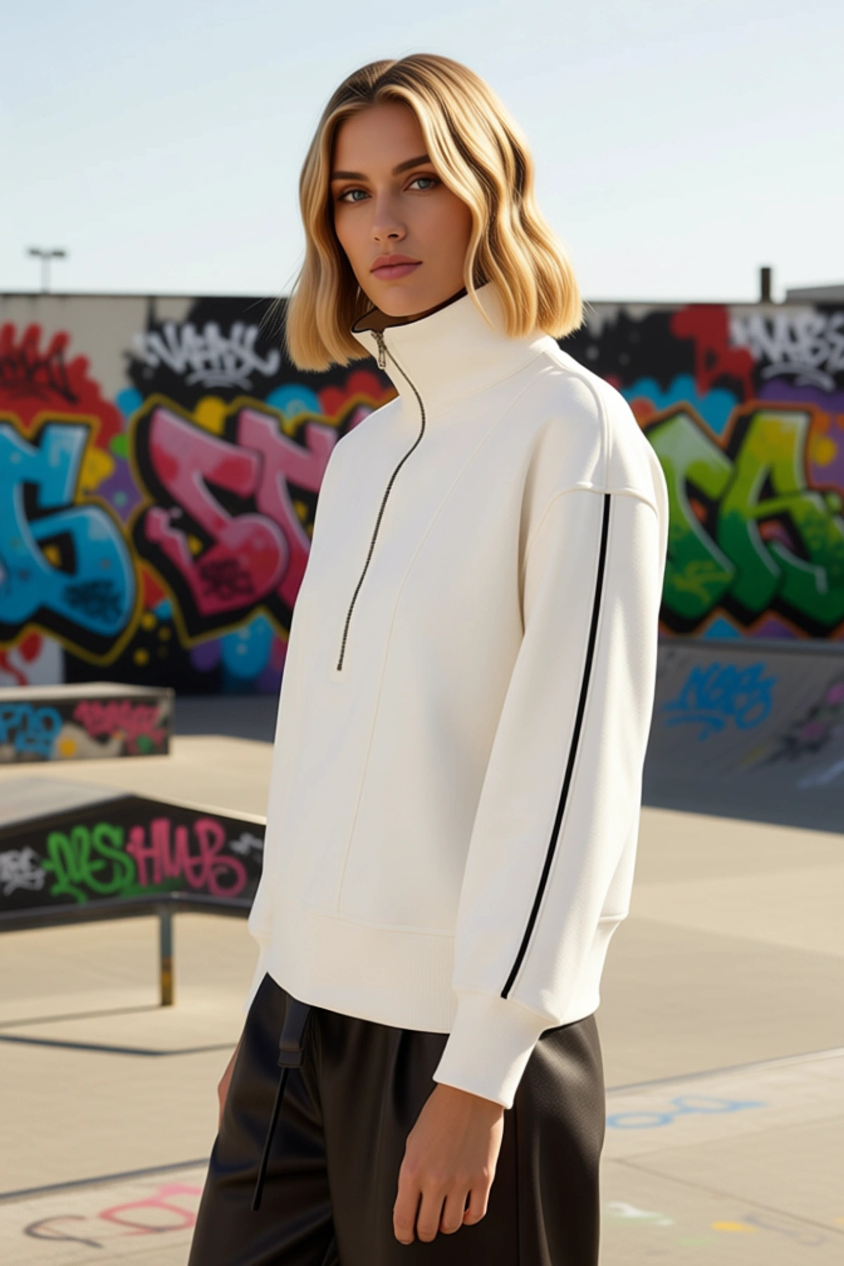 Kadın Dik Yaka Fermuarlı Düşük Kol Regular Kesim Örme Sweatshirt Fonksiyonel Dayanıklı Şık