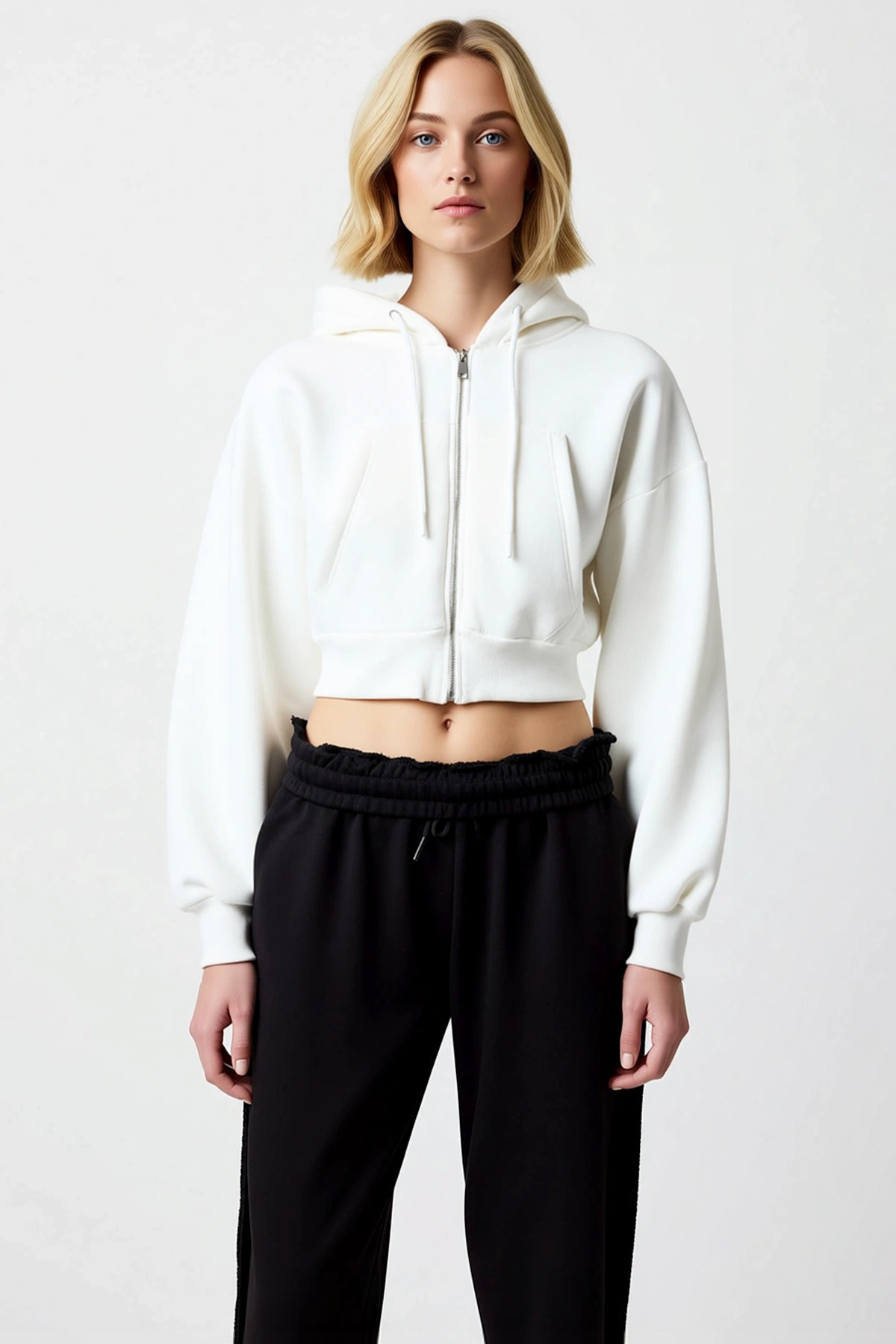 Kadın Kapüşonlu Düşük Kol Fermuarlı Örme Sweatshirt Fonksiyonel Dayanıklı Kaliteli Estetik
