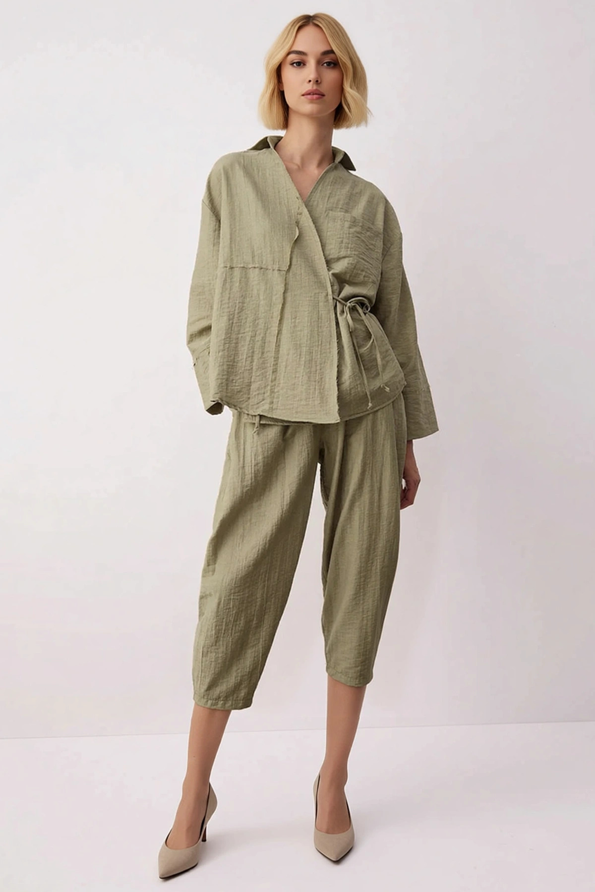 Kadın Oversize Dokuma Kruvaze Kimono Bluz Düşük Kol Detaylı Rahat Kesim Pantolon Alt Üst Takım