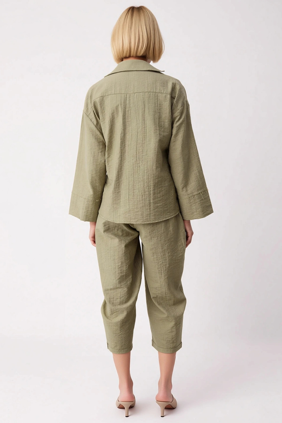Kadın Oversize Dokuma Kruvaze Kimono Bluz Düşük Kol Detaylı Rahat Kesim Pantolon Alt Üst Takım