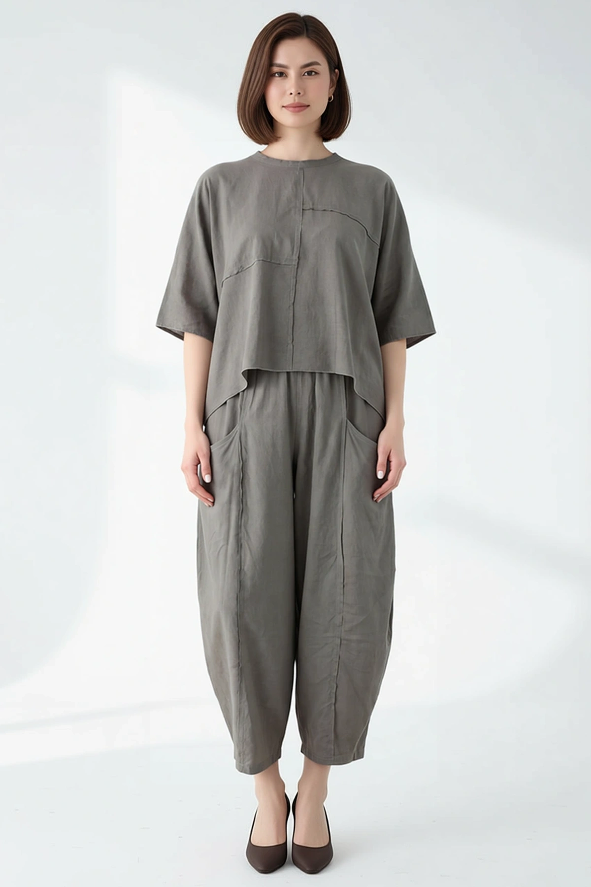 Kadın Büyük Beden Oversize Bluz Pantolon Takımı %100 Polyester Dokuma Kalp Yaka Rahat Kesim Günlük