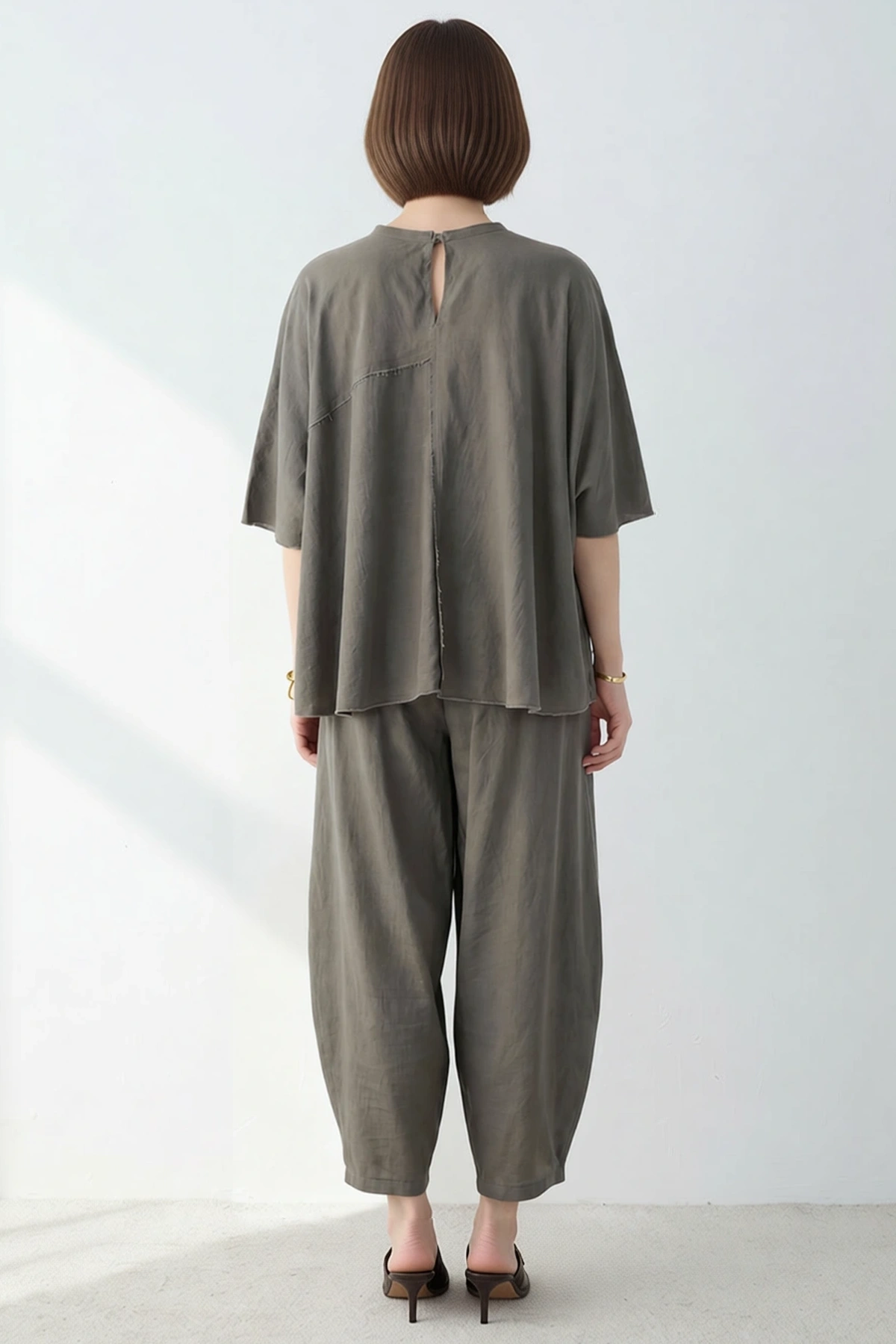 Kadın Büyük Beden Oversize Bluz Pantolon Takımı %100 Polyester Dokuma Kalp Yaka Rahat Kesim Günlük