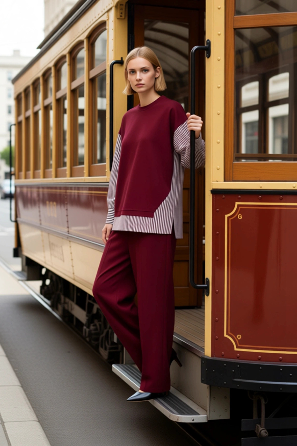 Kadın Alt Üst Oversize Rahat Kesim Örme Sweatshirt Ve Geniş Paça Eşofman Takım Çizgili Dokuma Kumaş