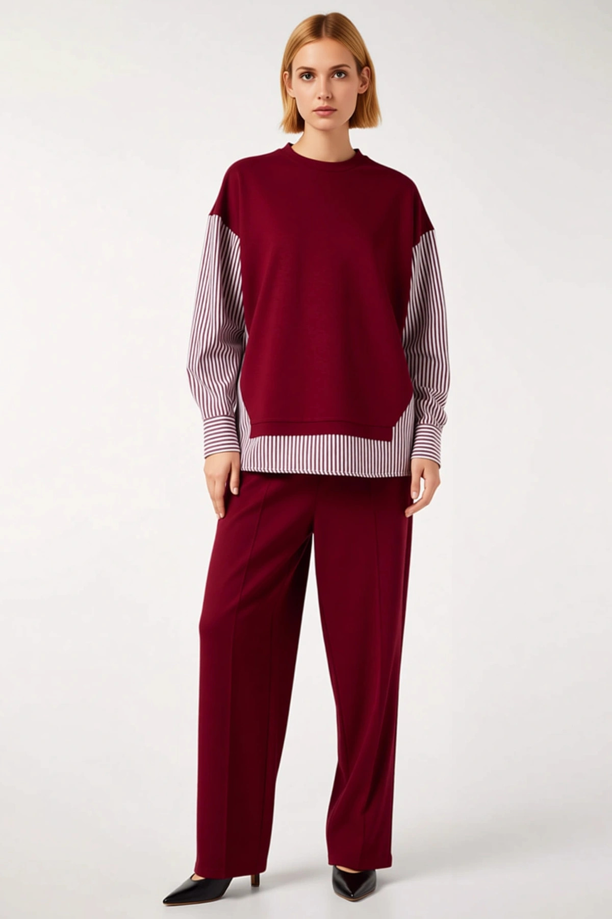 Kadın Alt Üst Oversize Rahat Kesim Örme Sweatshirt Ve Geniş Paça Eşofman Takım Çizgili Dokuma Kumaş