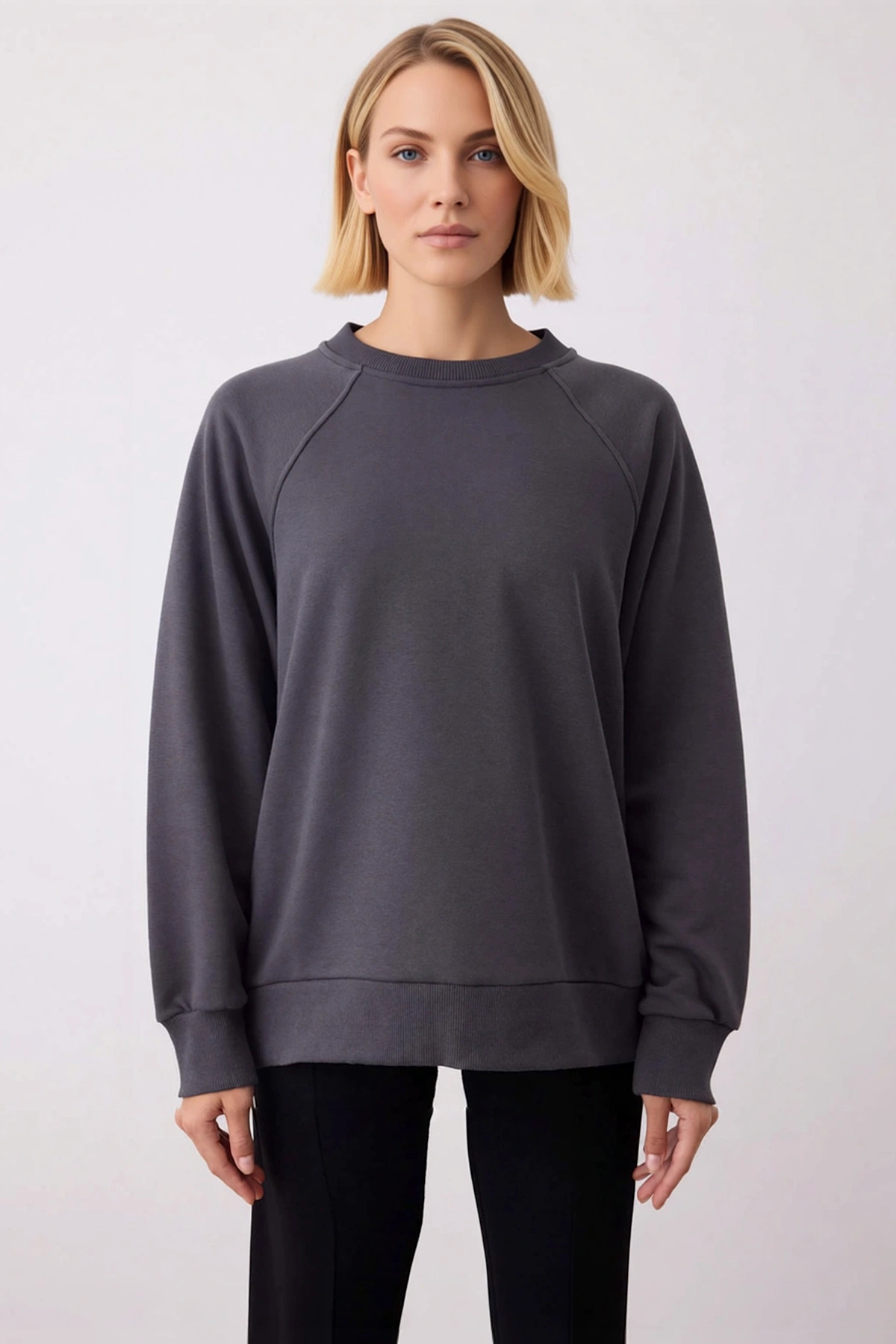 Kadın Bisiklet Yaka Reglan Kol Relaxed Kalıp Örme Sweatshirt Fonksiyonel Dayanıklı Estetik