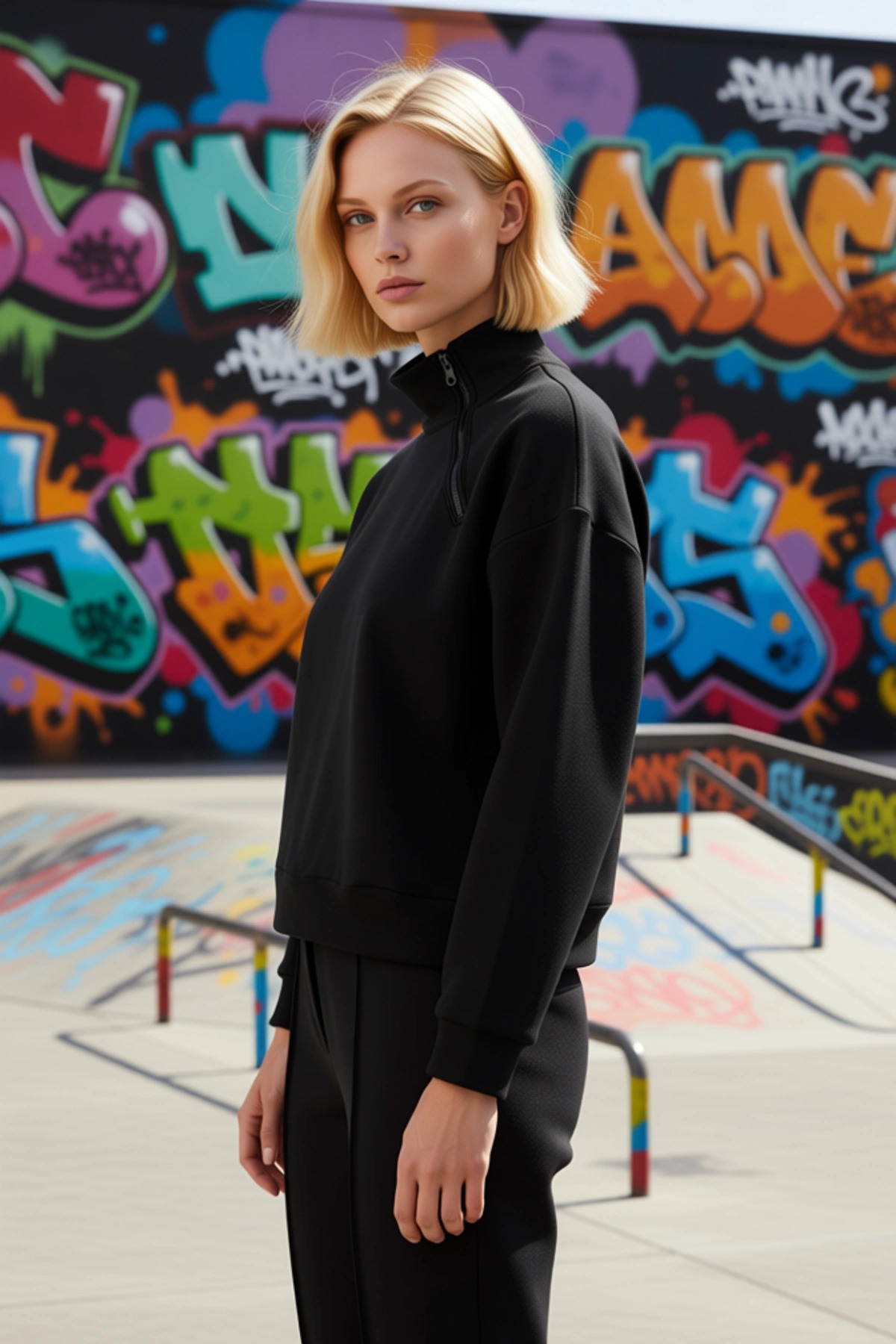 Kadın Dik Yaka Düşük Kol Fermuar Detaylı Regular Örme Sweatshirt %100 Pamuk Fonksiyonel Şık