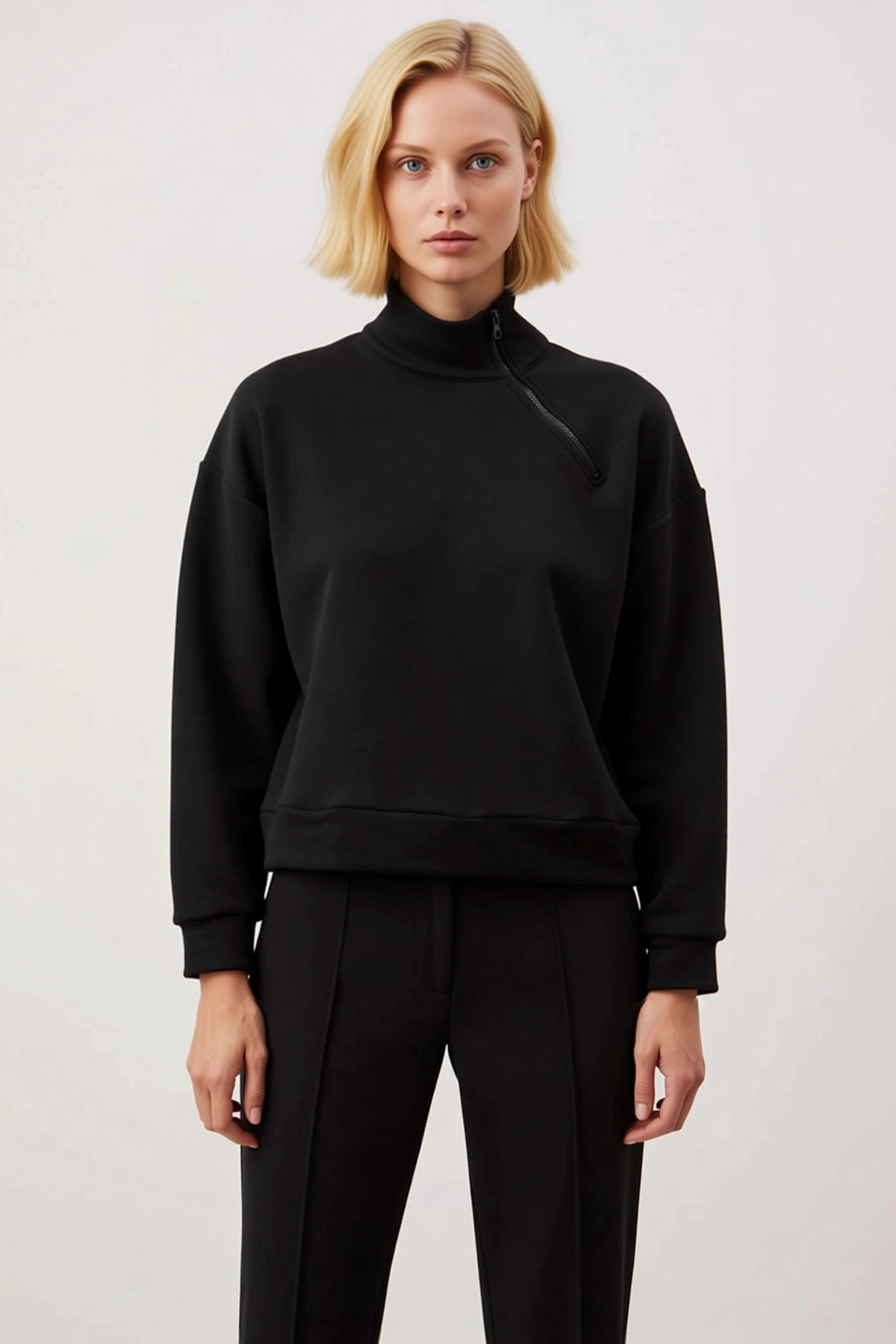 Kadın Dik Yaka Düşük Kol Fermuar Detaylı Regular Örme Sweatshirt %100 Pamuk Fonksiyonel Şık