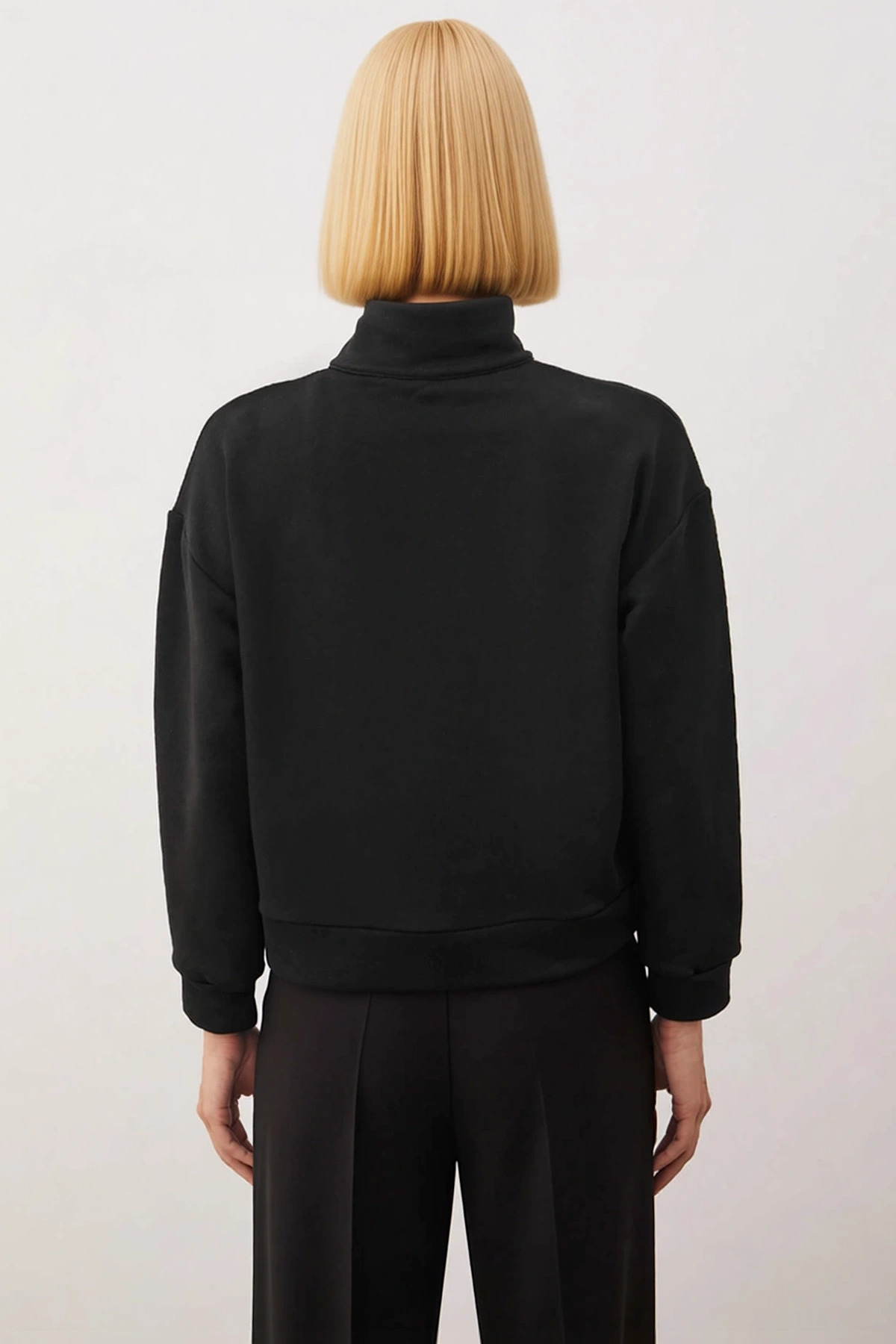 Kadın Dik Yaka Düşük Kol Fermuar Detaylı Regular Örme Sweatshirt %100 Pamuk Fonksiyonel Şık