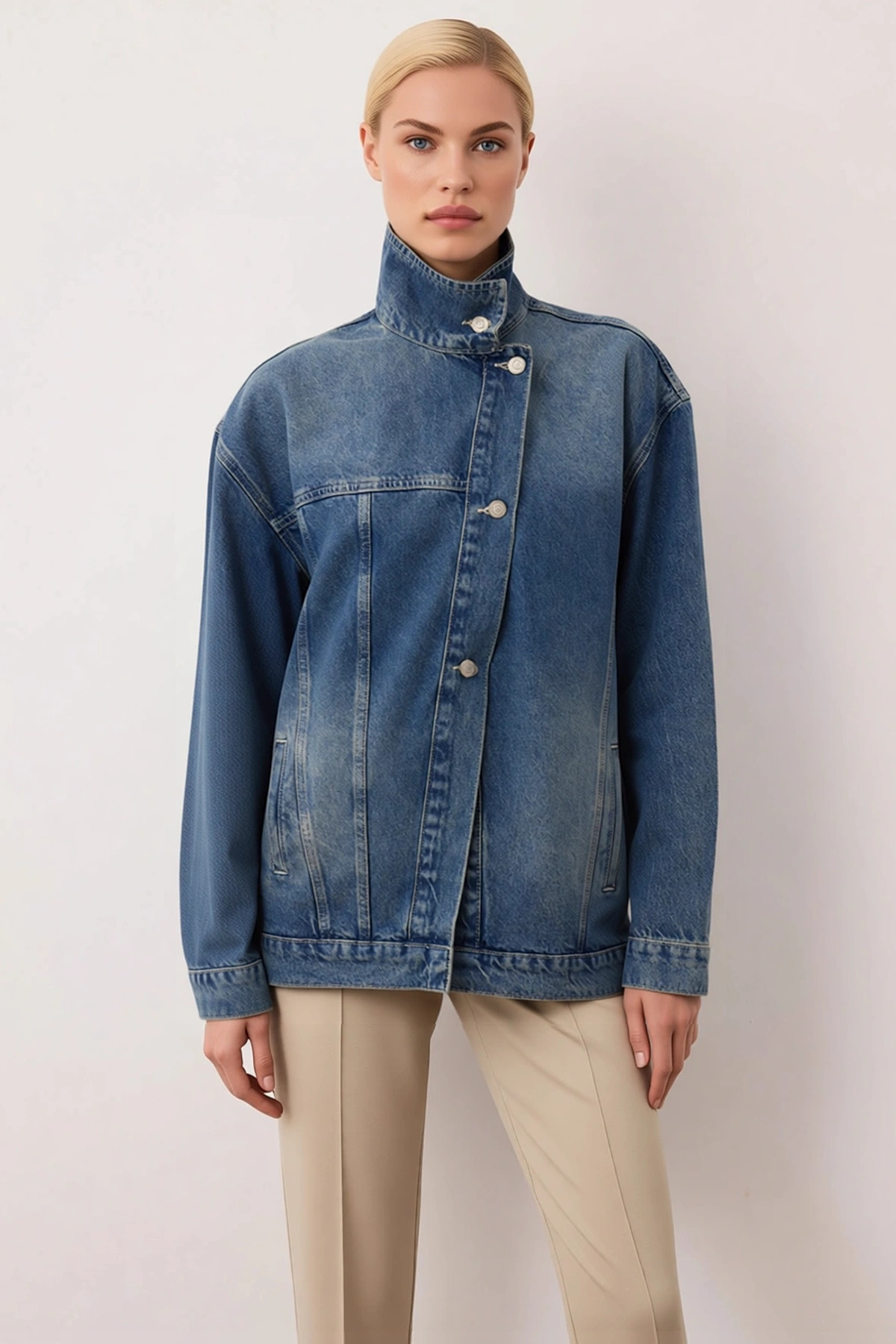 Kadın %100 Pamuk Dik Yaka Düşük Kol Denim Ceket Fonksiyonel Dayanıklı Kaliteli Konforlu Şık