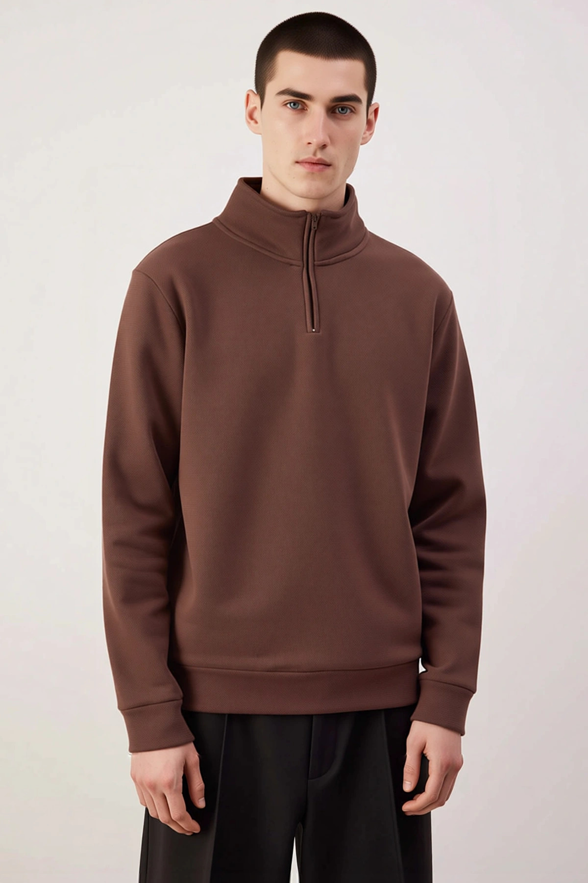 Erkek Dik Yaka Fermuarlı %100 Pamuk Regular Sweatshirt Fonksiyonel Dayanıklı Kaliteli Spor