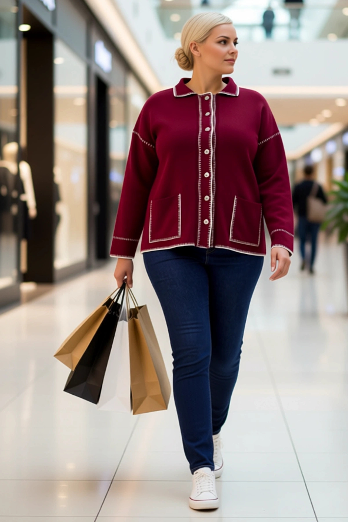 Kadın Polo Yaka Kontrast Dikiş Detayları İle Şık Ve Konforlu Uzun Kollu Regular Fit Triko Hırka