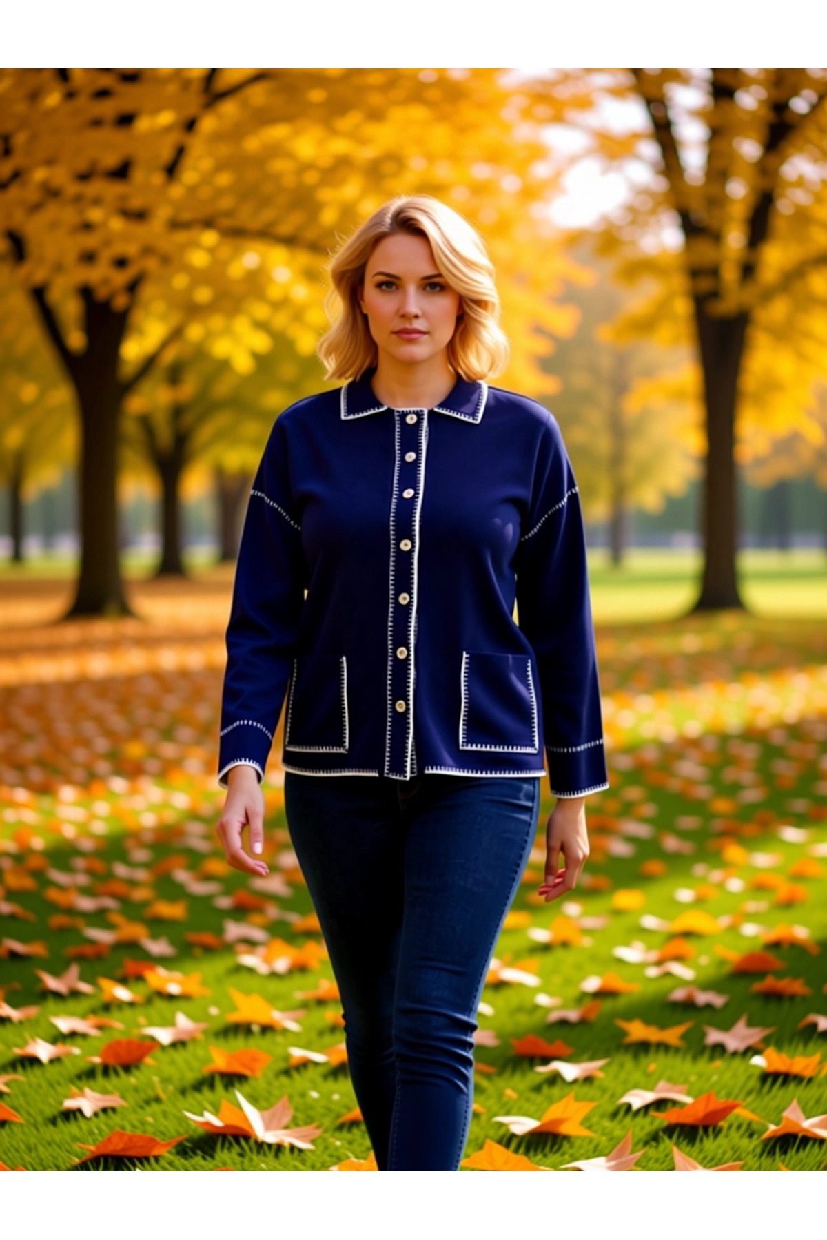 Alternative view of Kadın Polo Yaka Kontrast Dikiş Detayları İle Şık Ve Konforlu Uzun Kollu Regular Fit Triko Hırka