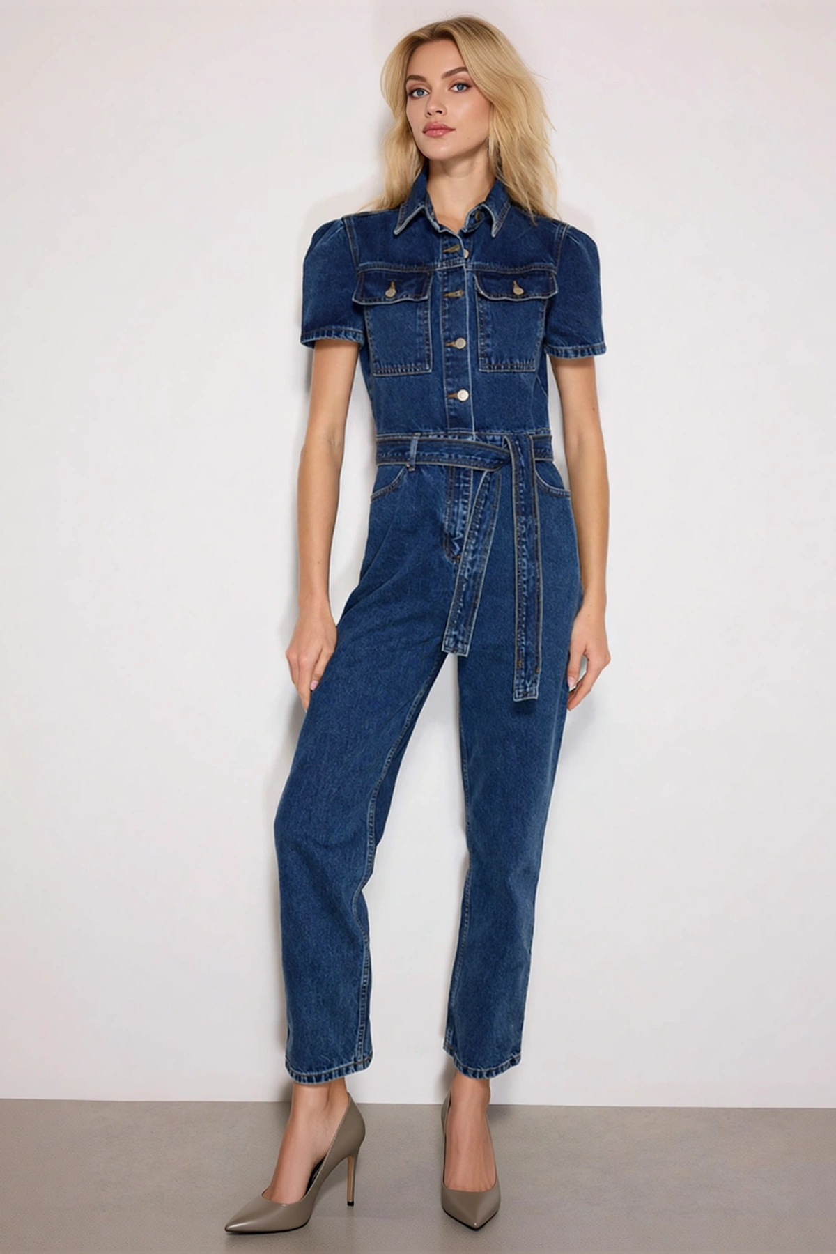 Kadın Ceket Yaka Kısa Kollu Düz Desenli Regular Kalıp Boru Paça Dokuma Denim Tulum %100 Pamuk