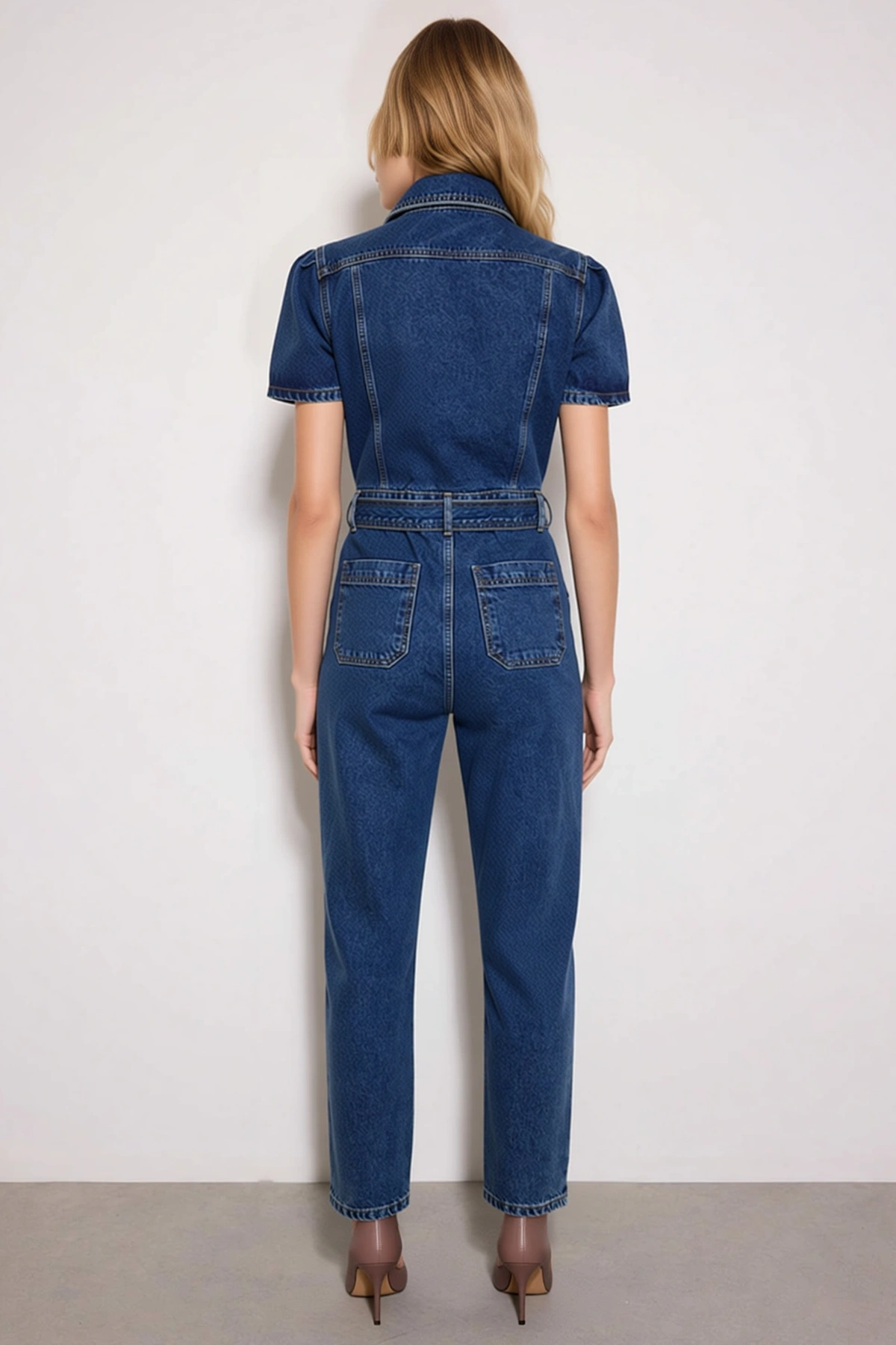 Kadın Ceket Yaka Kısa Kollu Düz Desenli Regular Kalıp Boru Paça Dokuma Denim Tulum %100 Pamuk