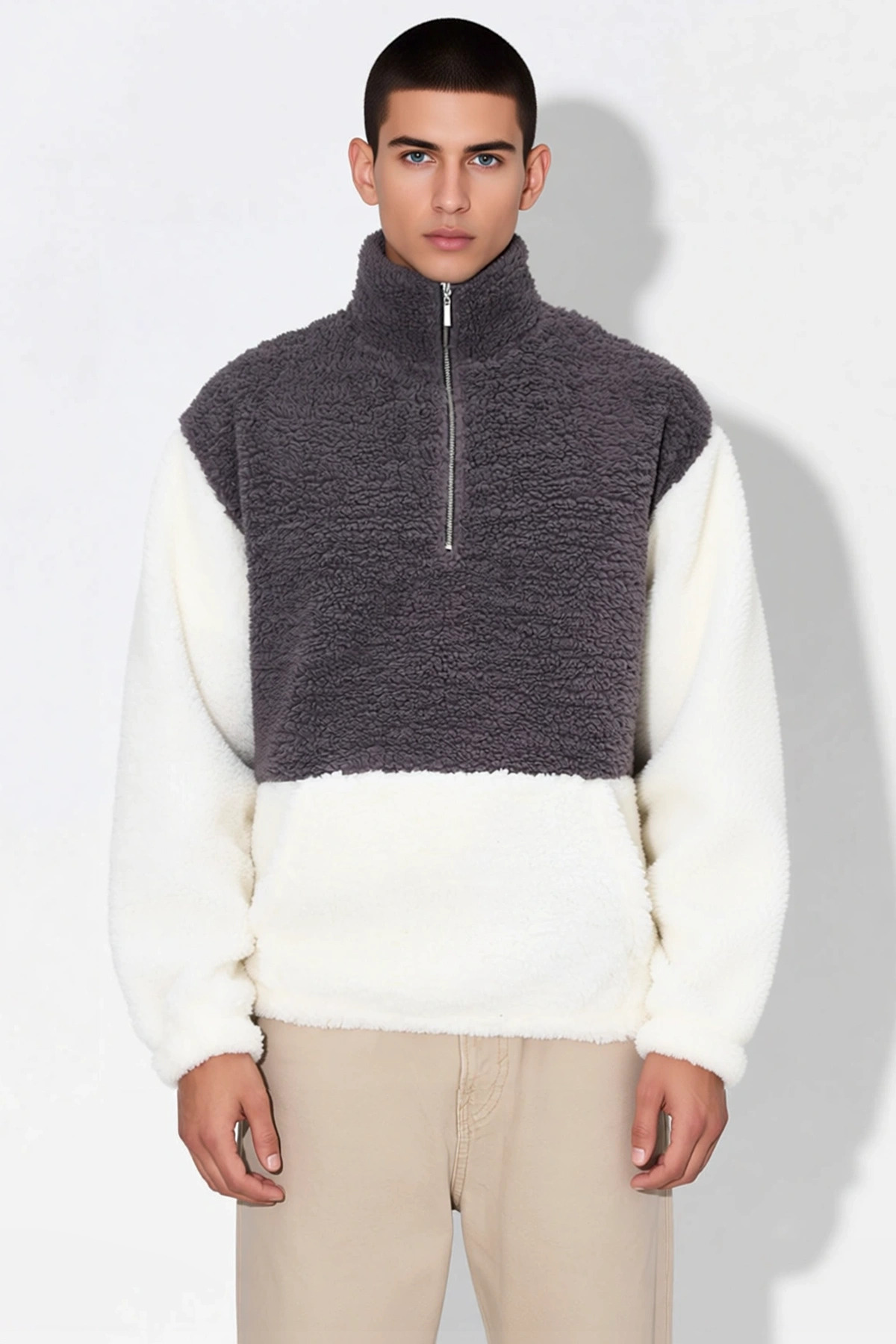 Erkek Dik Yaka Standart Kol %100 Pamuk Oversize Peluş Sweatshirt Fonksiyonel Dayanıklı Şık