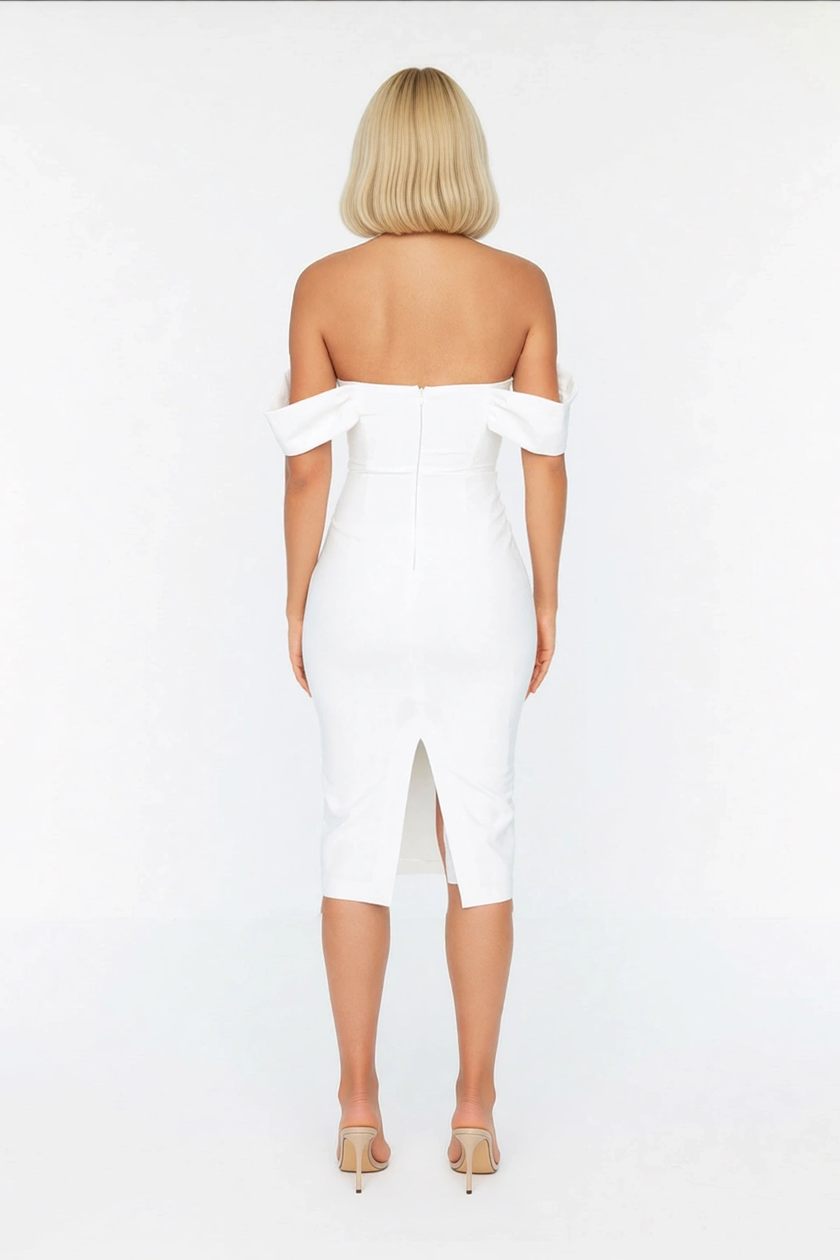 Kadın Carmen Yaka Kolsuz Bodycon Midi Kokteyl Elbisesi Korse Detaylı Dokuma Astarlı Günlük Rahat