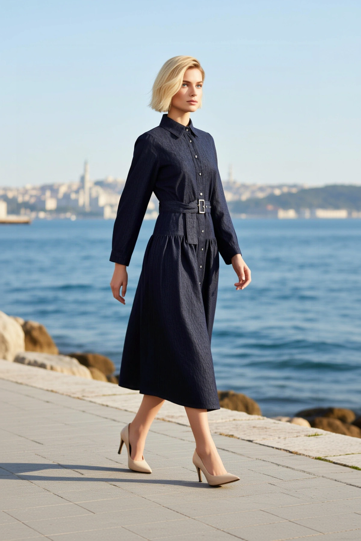 Kadın Maxi Elbise Yaka Uzun Standart Kol Dökümlü Kemerli Denim Rigid Dokuma Düz