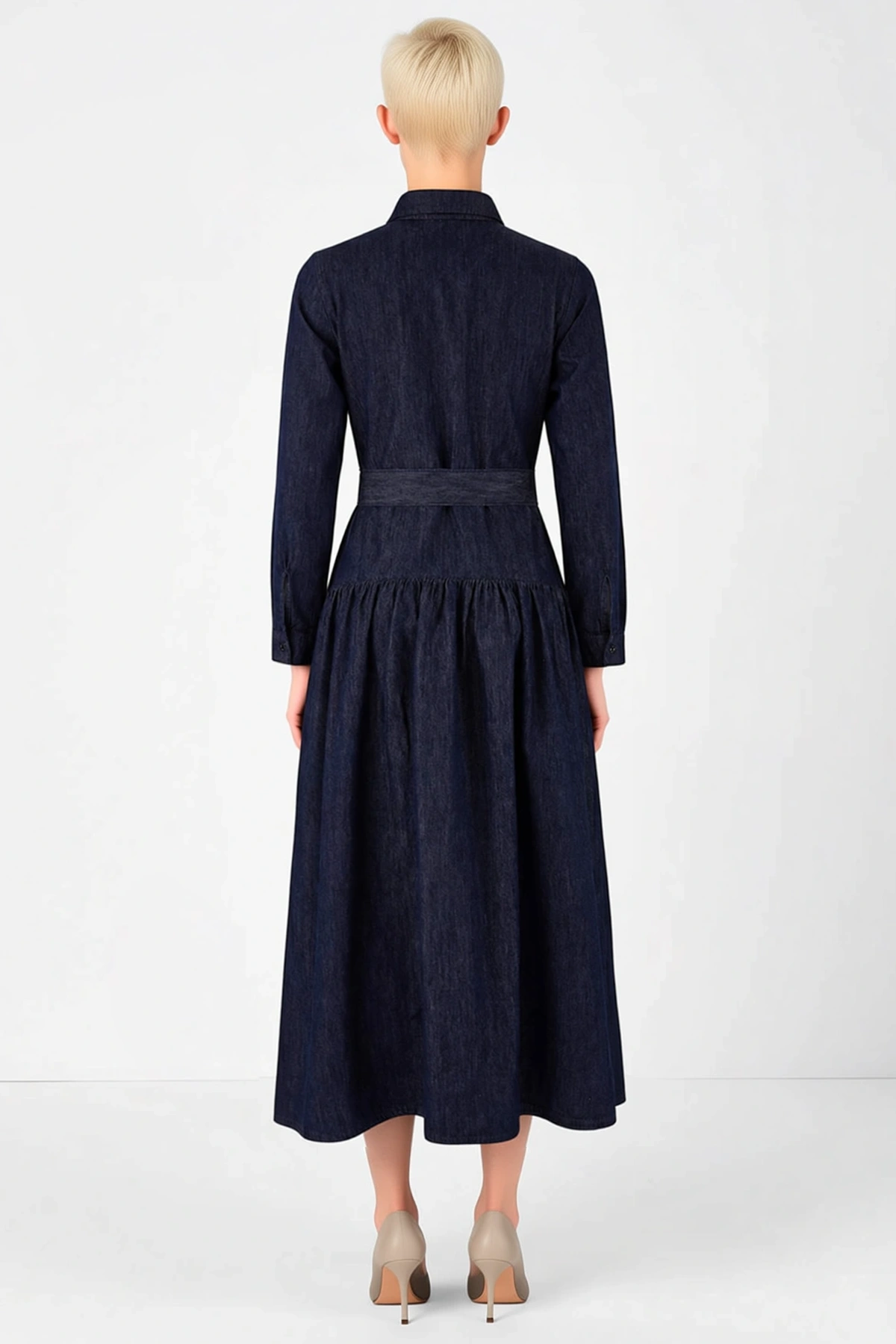 Kadın Maxi Elbise Yaka Uzun Standart Kol Dökümlü Kemerli Denim Rigid Dokuma Düz