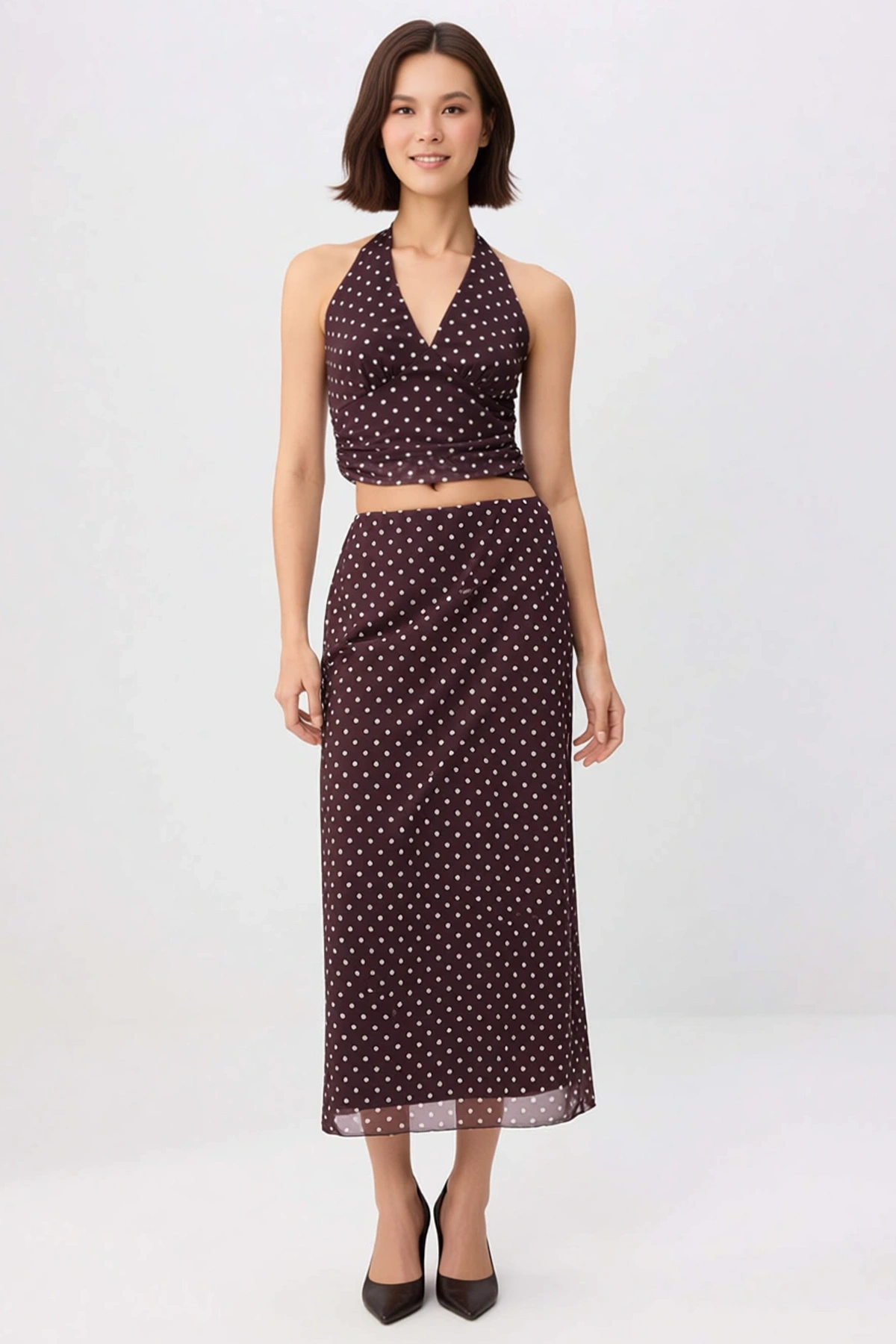 Kadın Büyük Beden Puantiyeli Boyundan Bağlamalı Kolsuz Tül Örme Crop Top Etek Takım Günlük Rahat