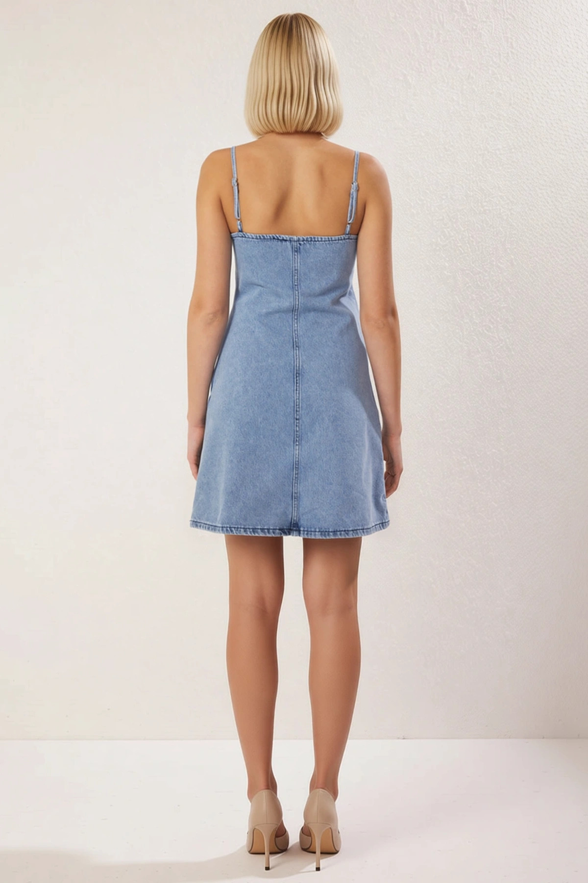 Kadın V Yaka Kolsuz Shift Kalıp Denim Elbise Fonksiyonel Dayanıklı Kaliteli Şık %100 Pamuk