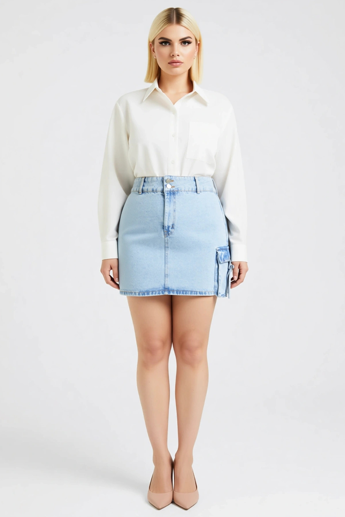Kadın Yüksek Bel A Kesim Kargo Cepli Denim Mini Etek Fonksiyonel Dayanıklı Kaliteli Modern