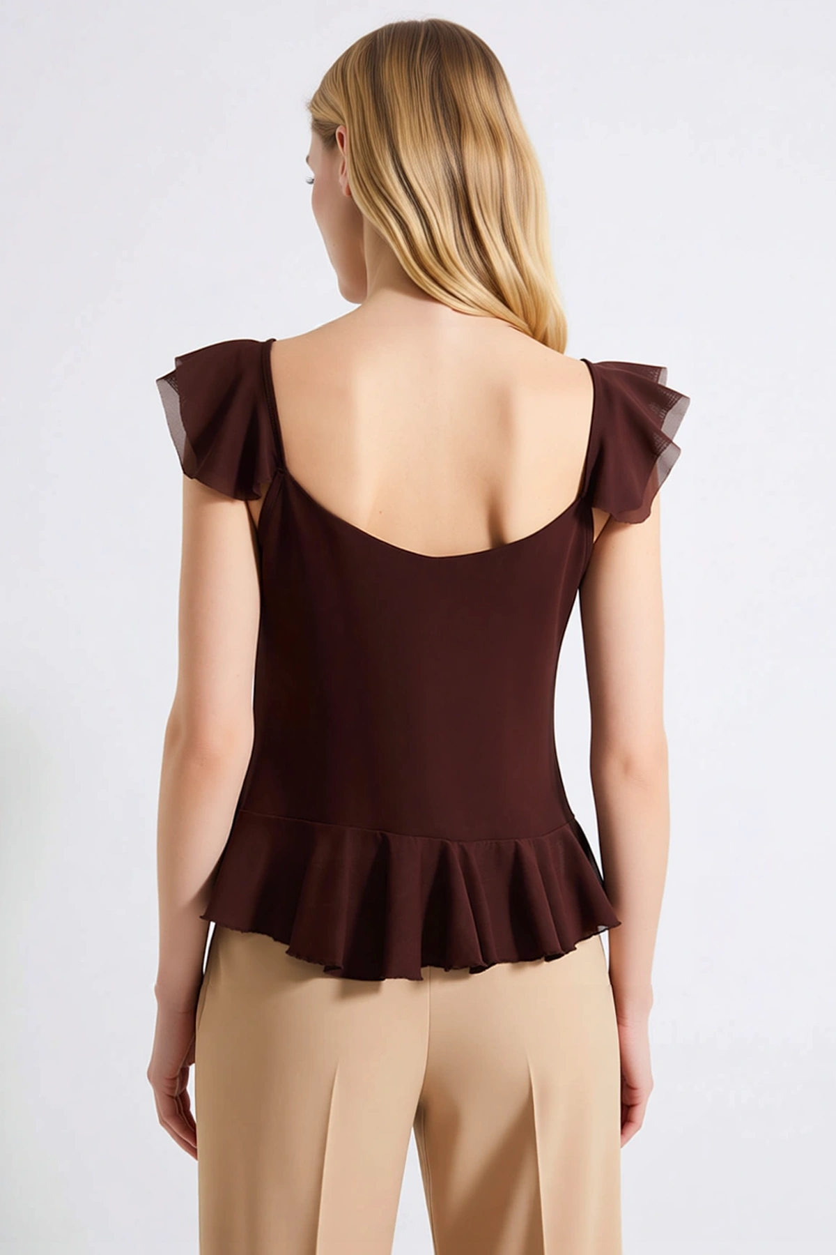 Kadın Bluz V Yaka Fırfırlı Kol Crop Tül Örme Düğmeli Fitted Düz Desenli Yazlık Tasarım Şık