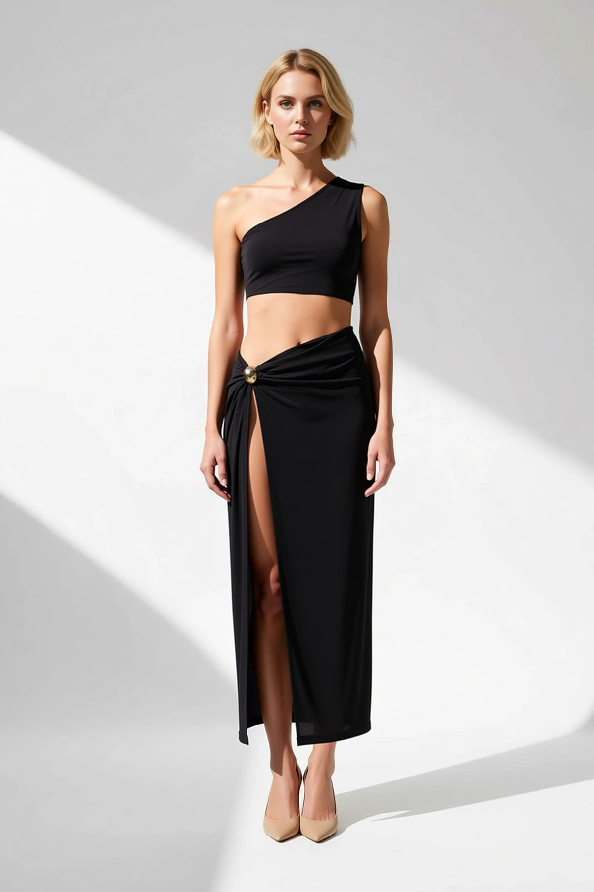 Kadın Tek Omuz Bodycon Midi Plaj Elbisesi Döküm Aksesuar Detaylı Kolsuz Örme Kumaş Günlük Rahat