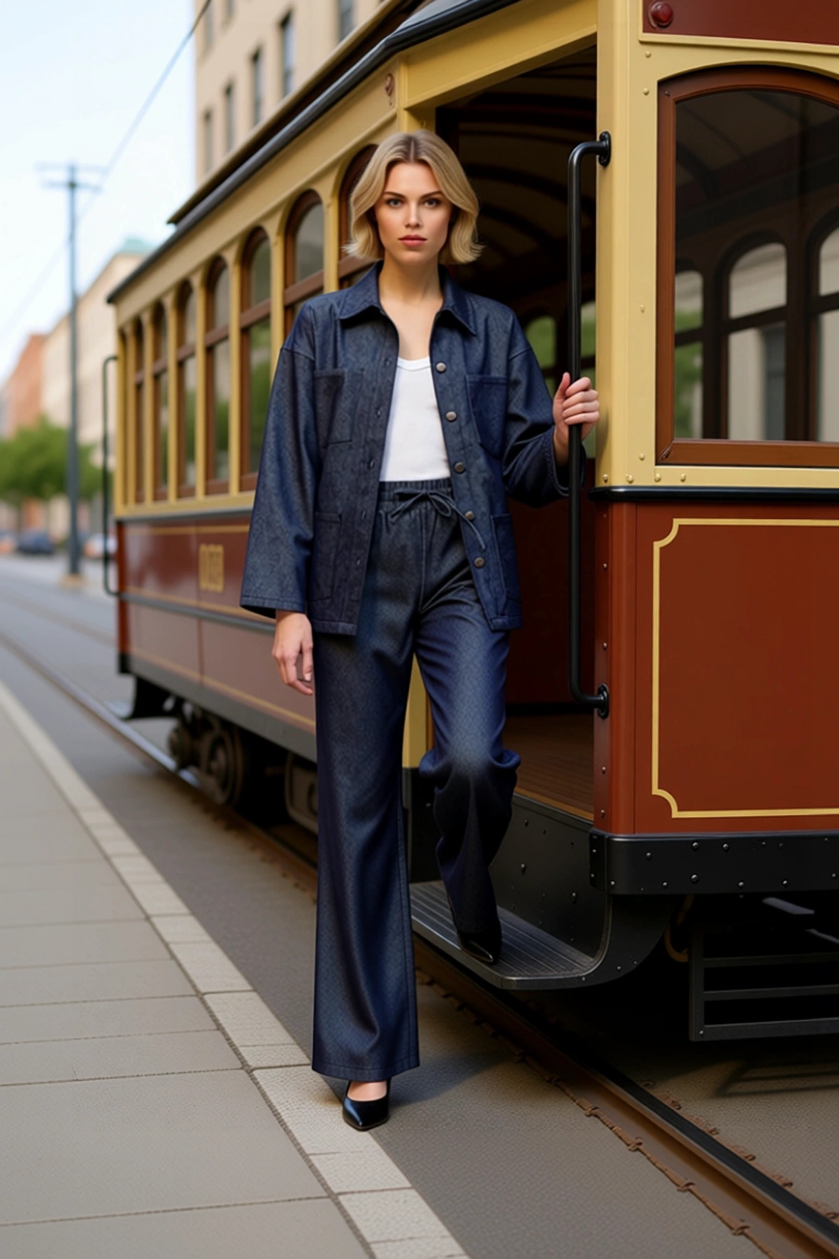 Kadın Alt Üst Dökümlü İnce Kumaş Denim Ceket Ve Geniş Paça Pantolon Takımı Modern Ve Konforlu Günlük