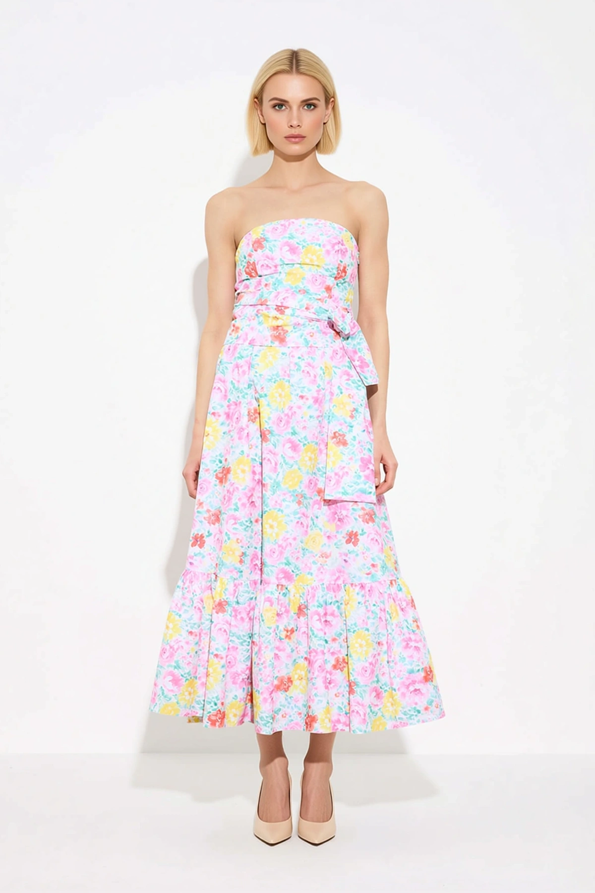Kadın Straplez Kolsuz Gipeli Midi Dokuma Elbise Kuşaklı Skater Kesim Çiçekli Desen Rahat Günlük