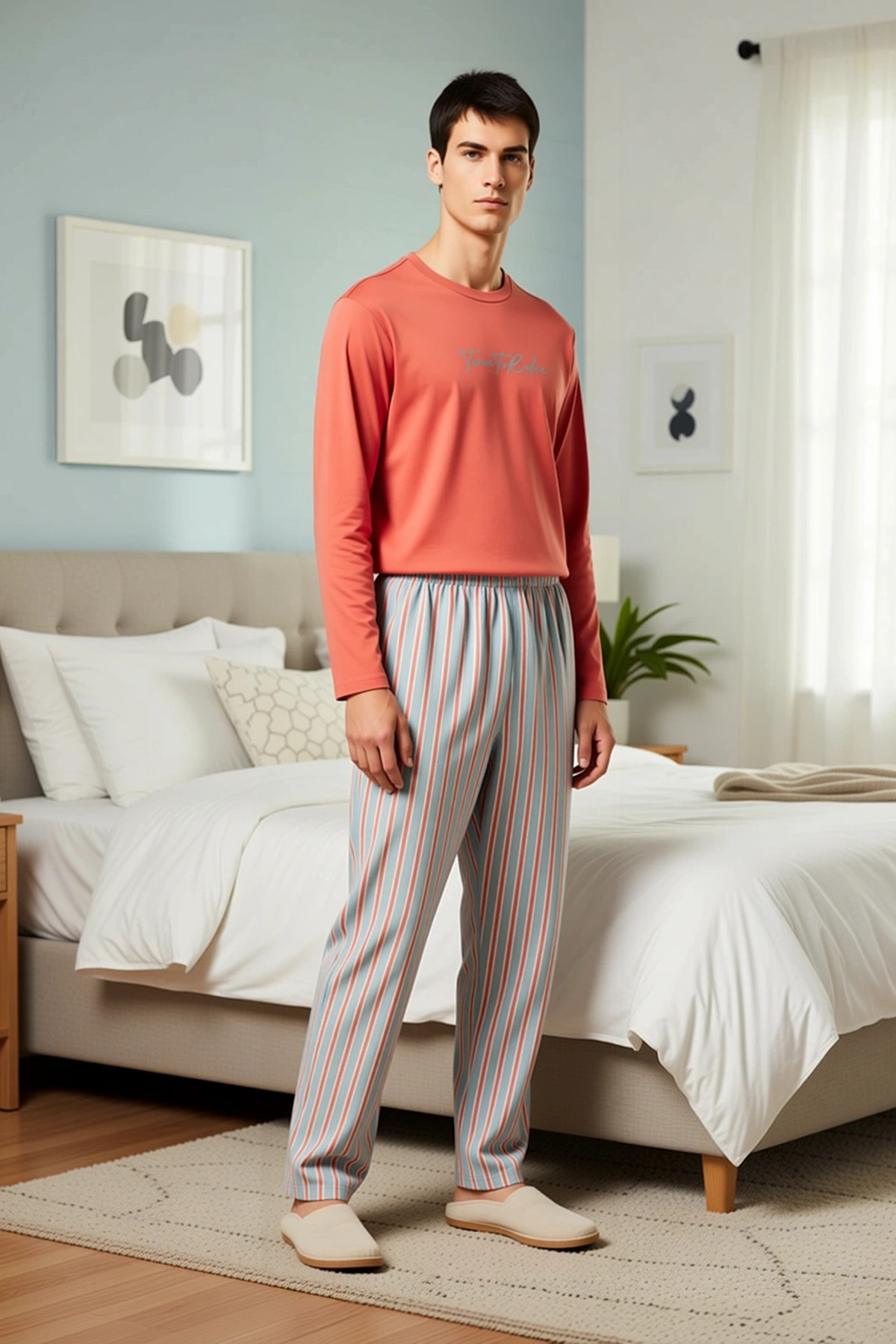 Erkek Bisiklet Yaka Standart Kol Uzun Kol Regular Kalıp Çizgili Örme Pijama Takımı Estetik