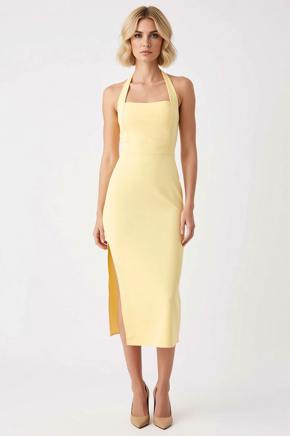 Kadın Kare Yaka Kolsuz Bodycon Midi Dokuma Elbise Vücudu Saran Kalıp