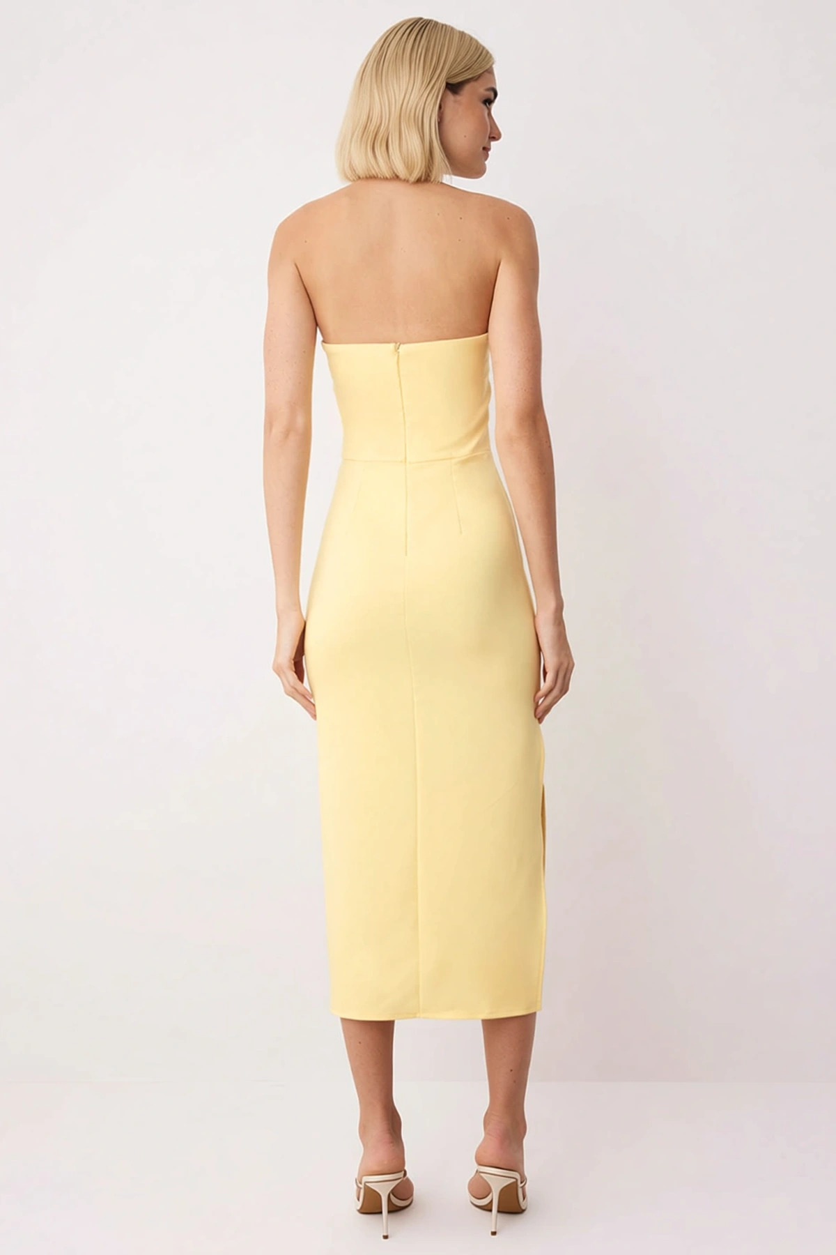 Kadın Kare Yaka Kolsuz Bodycon Midi Dokuma Elbise Vücudu Saran Kalıp