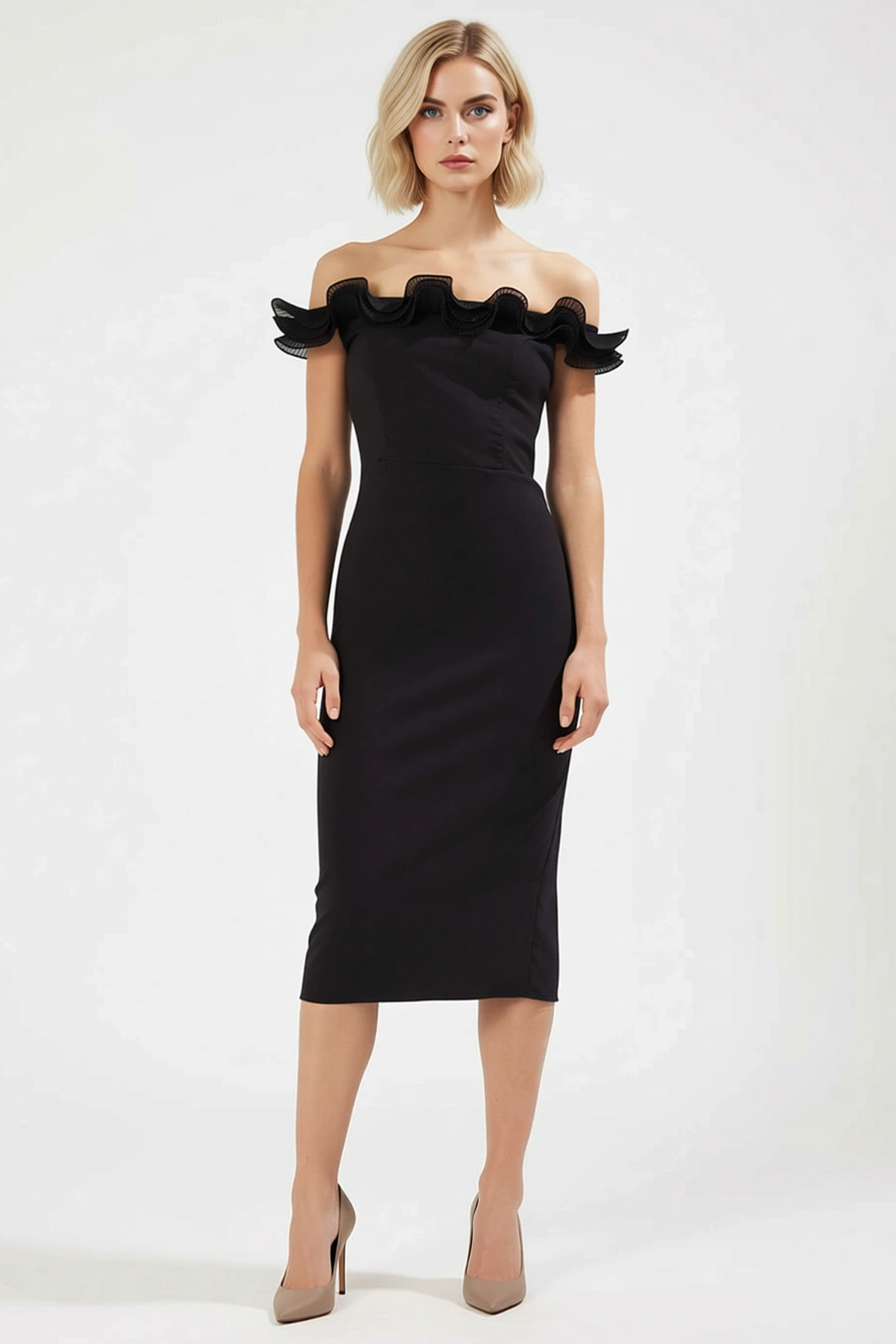 Kadın Carmen Yaka Kolsuz Fırfırlı Dokuma Bodycon Midi Elbise Şık