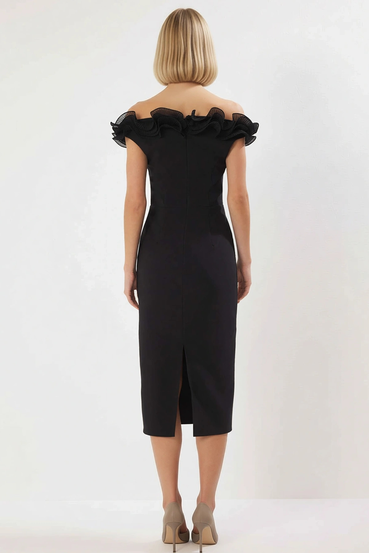 Kadın Carmen Yaka Kolsuz Fırfırlı Dokuma Bodycon Midi Elbise Şık