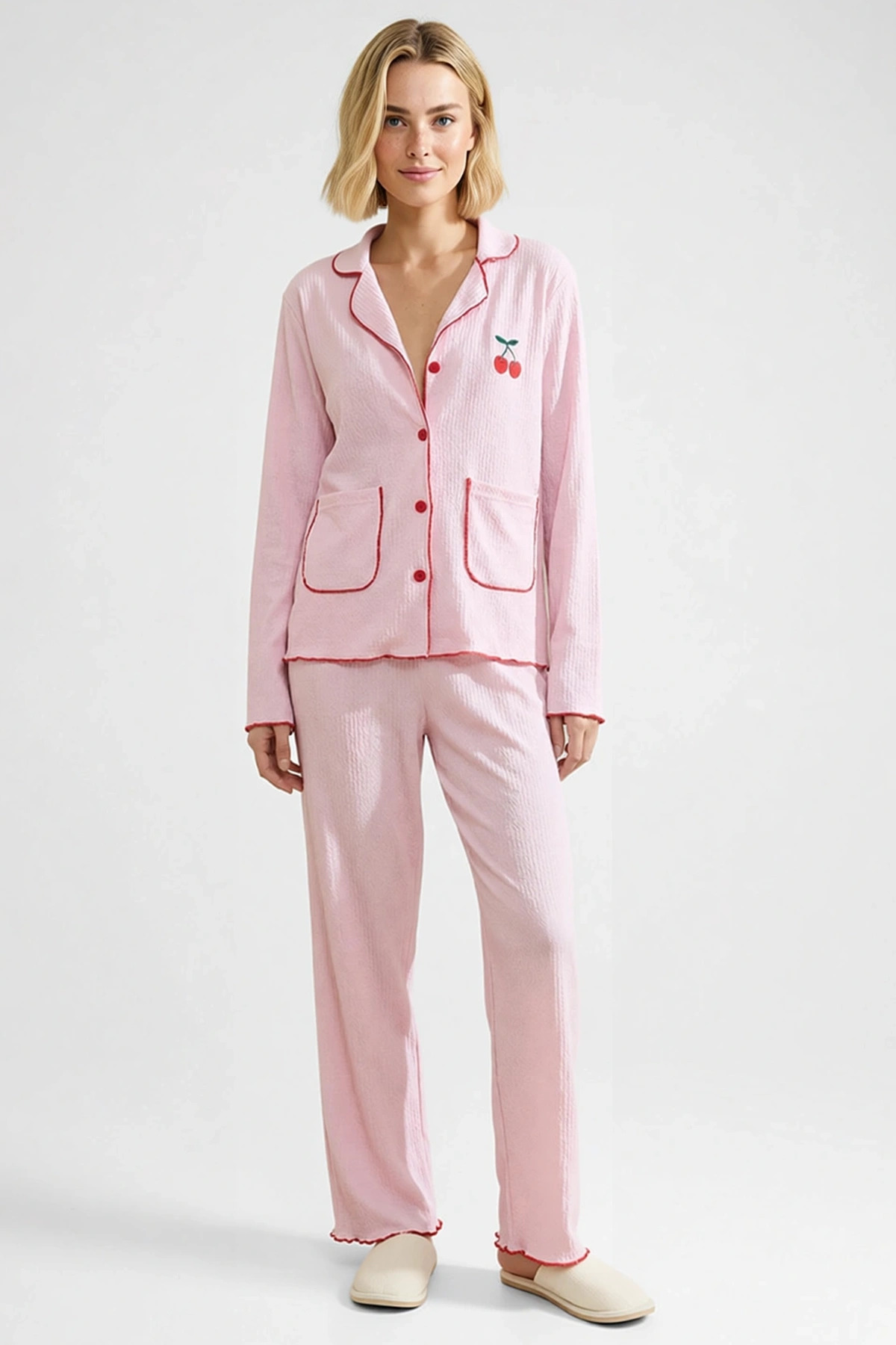 Kadın Gömlek Yaka Standart Kol Regular Kalıp Örme Pijama Takımı Fonksiyonel Dayanıklı Spor