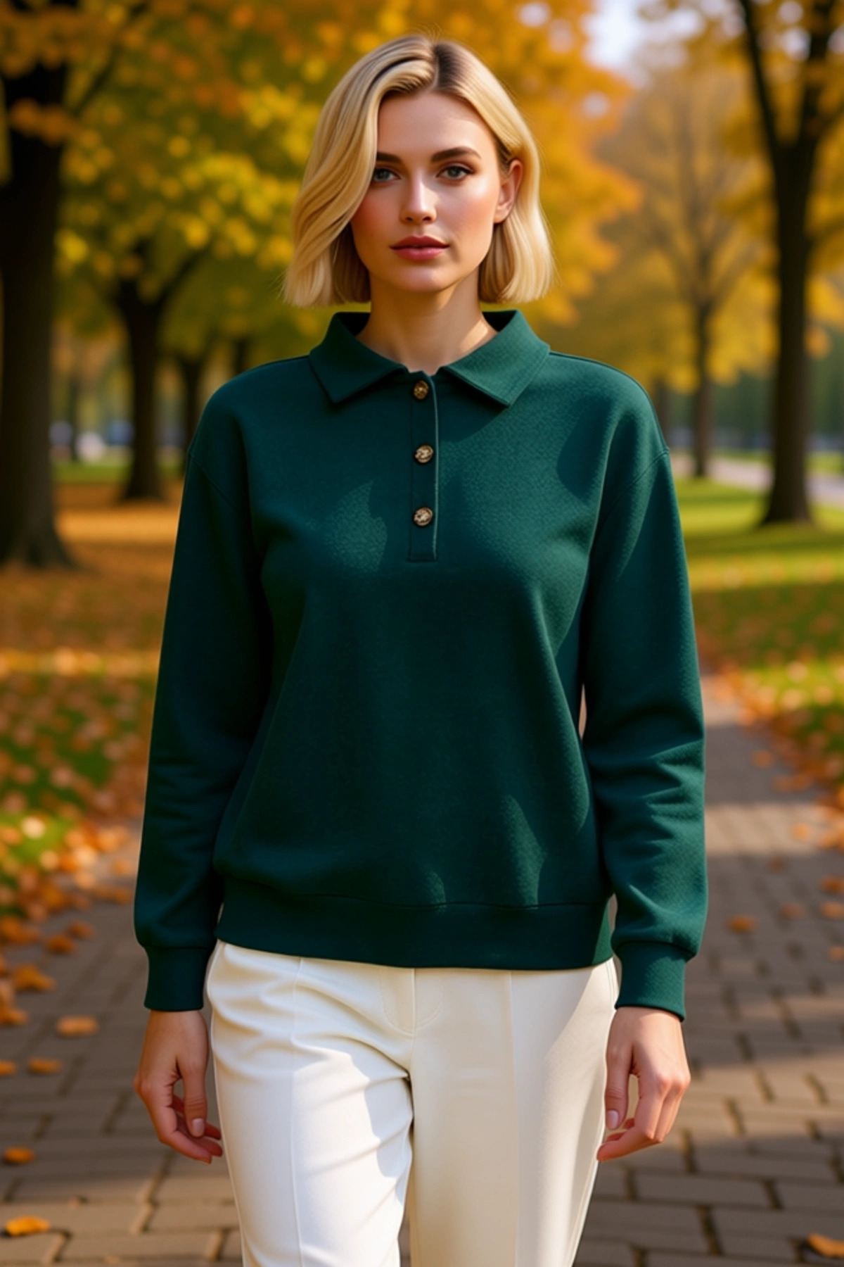 Kadın Polo Yaka Düşük Kol Düğmeli Selanik Triko Regular Kalıp Sweatshirt Fonksiyonel Rahat