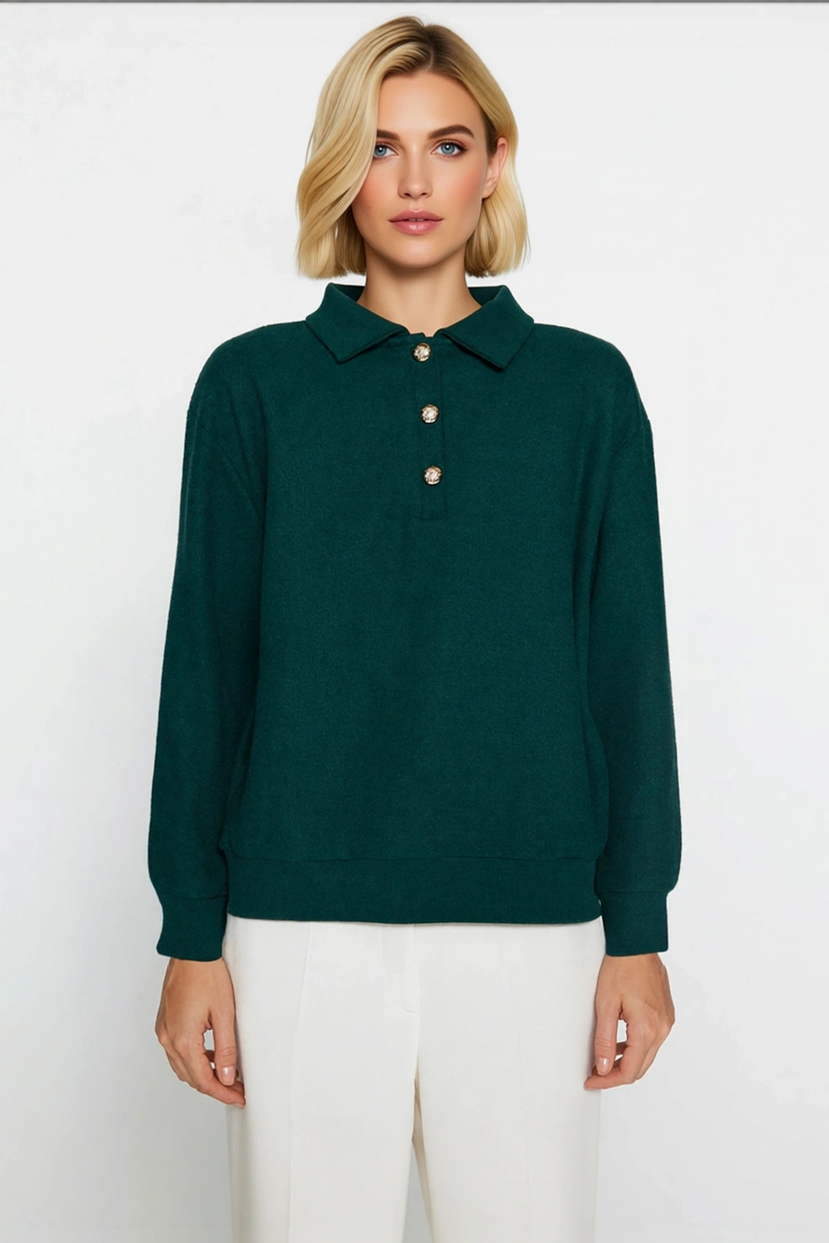 Kadın Polo Yaka Düşük Kol Düğmeli Selanik Triko Regular Kalıp Sweatshirt Fonksiyonel Rahat