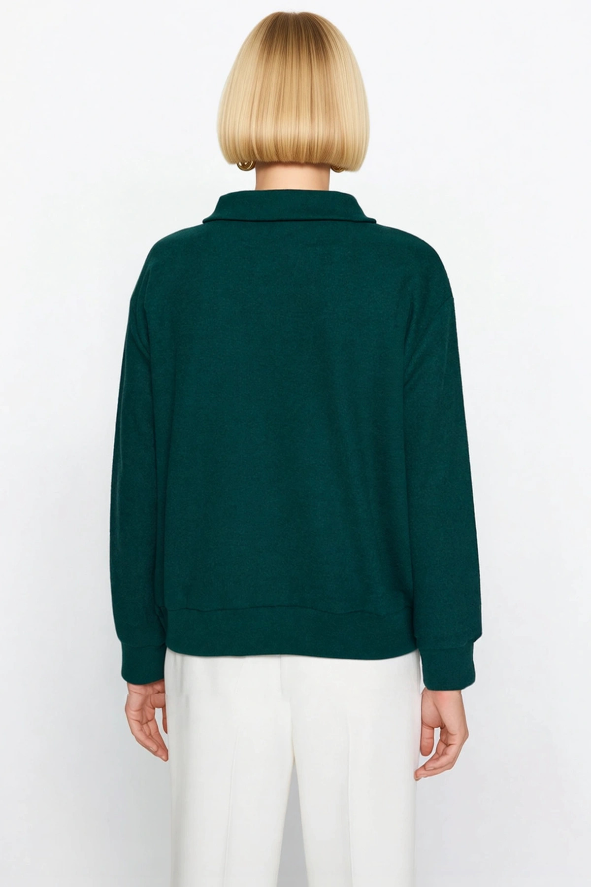 Kadın Polo Yaka Düşük Kol Düğmeli Selanik Triko Regular Kalıp Sweatshirt Fonksiyonel Rahat