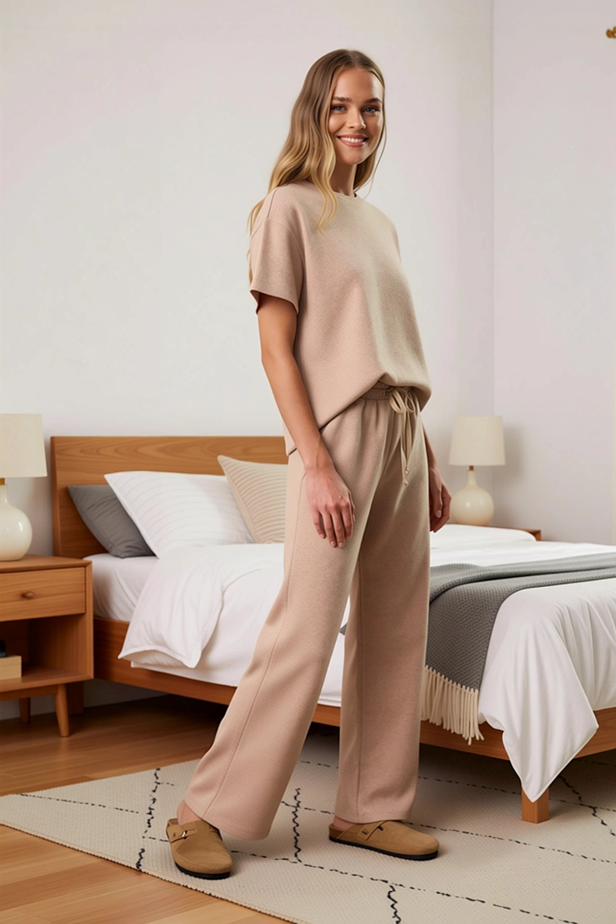 Kadın Bisiklet Yaka Standart Kol Waffle Örme Pijama Takımı Fonksiyonel Dayanıklı Kaliteli Şık