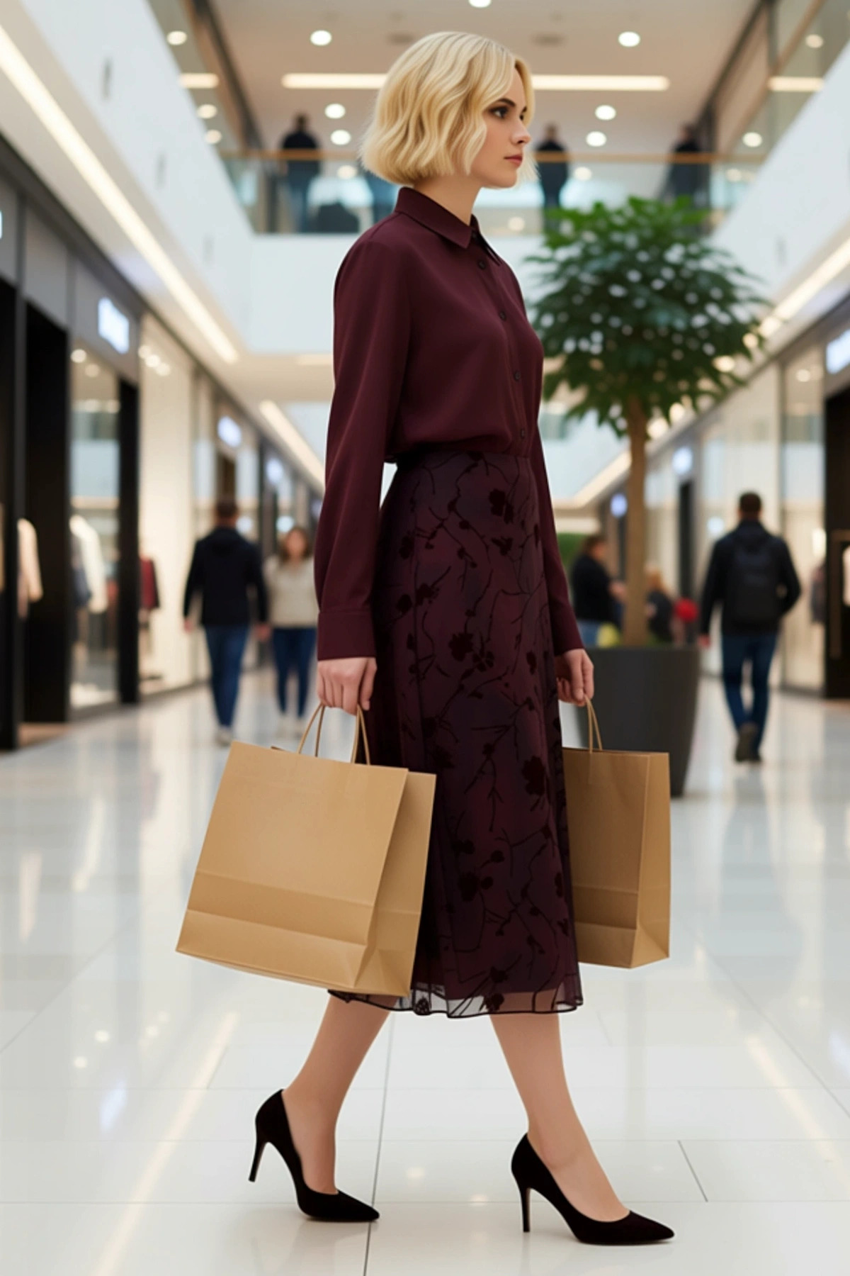 Kadın Maxi Tül Etek Çiçekli Flok Baskı A-Line Kesim Beli Lastikli Astarlı Rahat Günlük Modern Şık