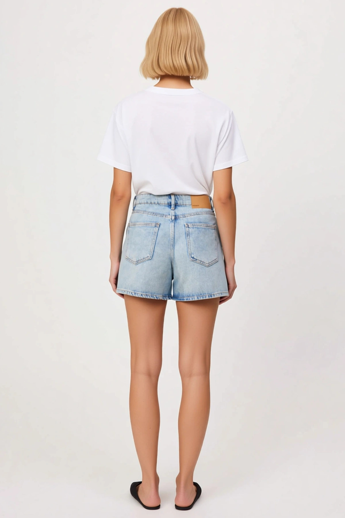 Kadın Şort Yüksek Bel Boru Paça Düz Desen Rigid Dokuma Kısa Boy Açık Karışımlı Denim