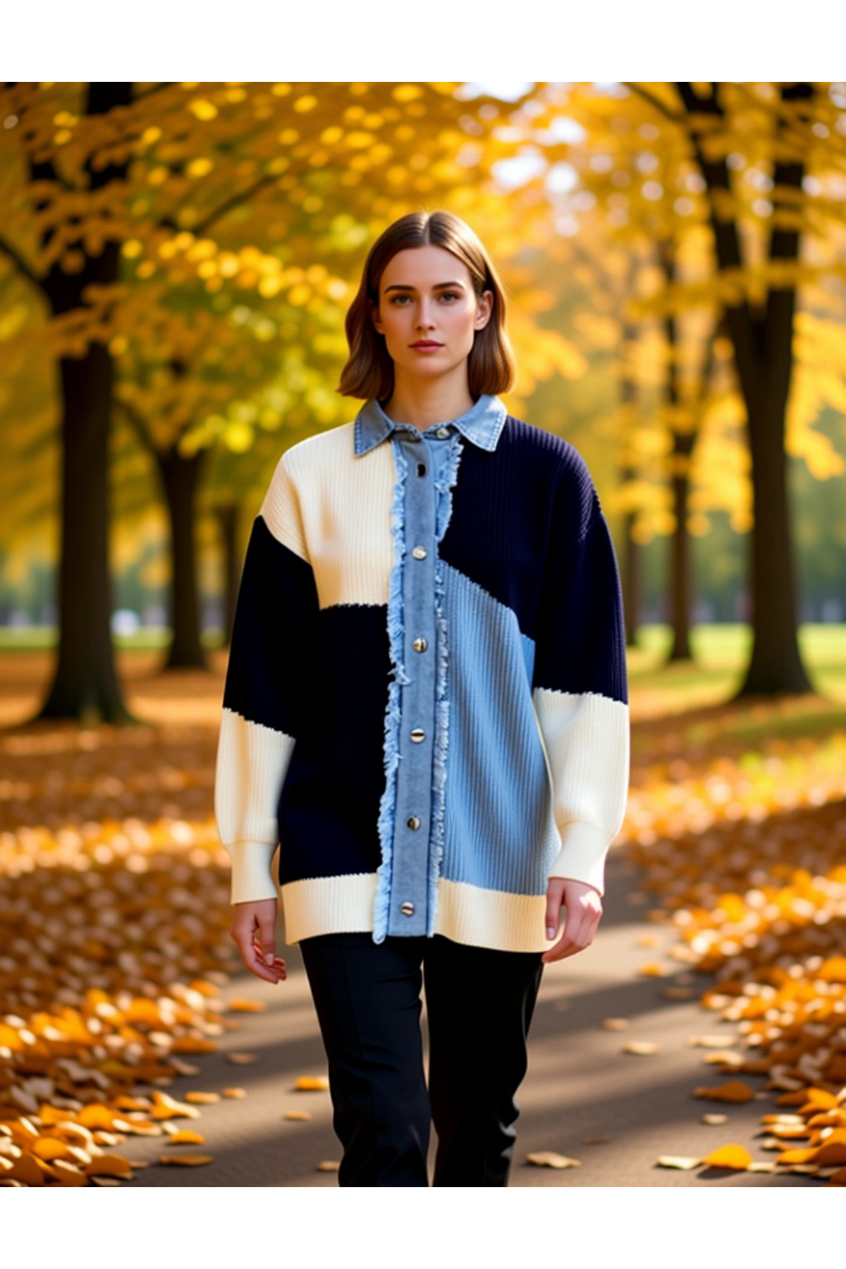 Alternative view of Kadın Renk Bloklu Denim Detaylı Triko Hırka Fonksiyonel Dayanıklı Kaliteli Konforlu Modern