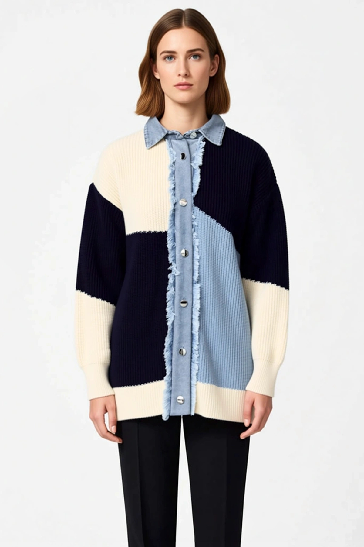 Kadın Renk Bloklu Denim Detaylı Triko Hırka Fonksiyonel Dayanıklı Kaliteli Konforlu Modern