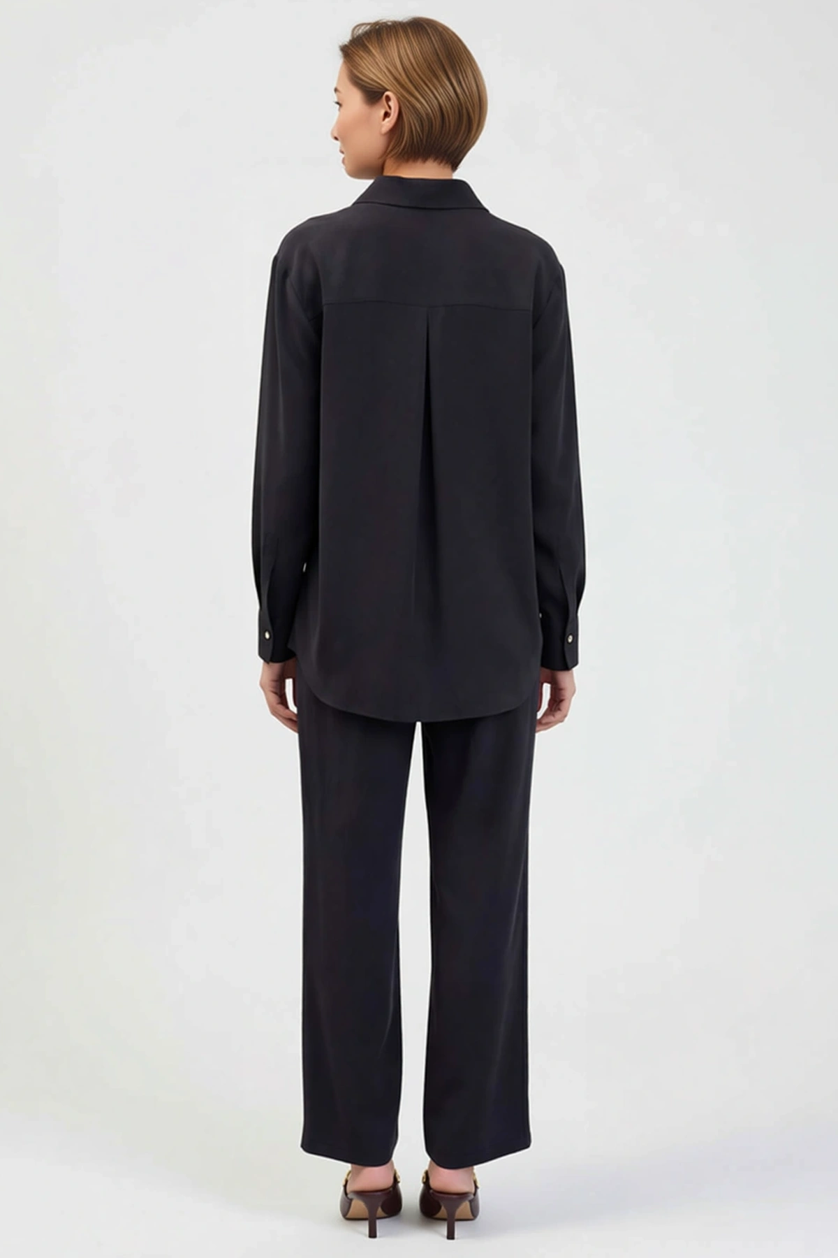 Kadın Oversize Tencel Keten Karışım Gömlek Pantolon Takımı Düğmeli Yaka Geniş Paça Rahat Günlük