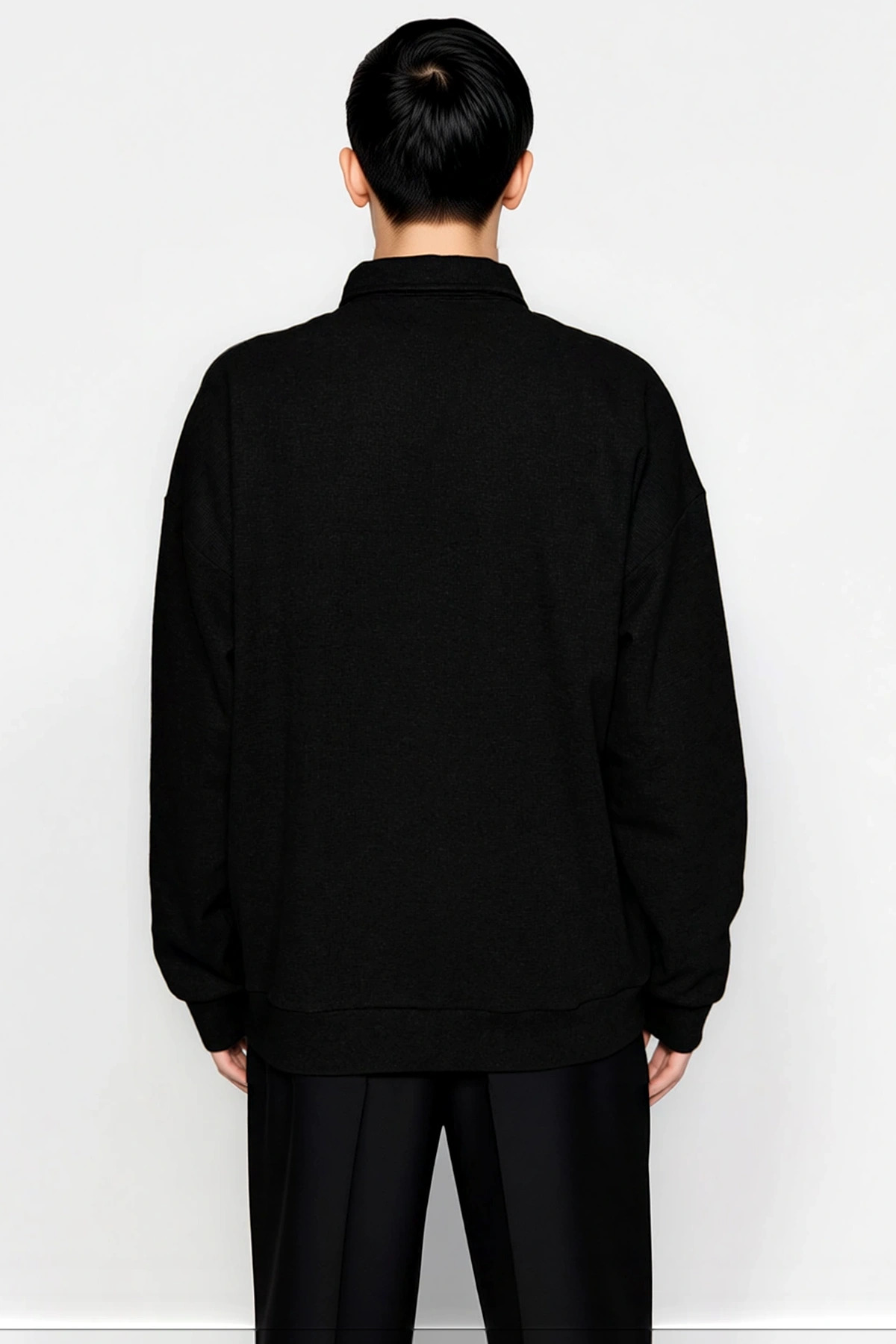 Erkek Polo Yaka Dokulu Oversize Sweatshirt Uzun Kol Fonksiyonel Dayanıklı Kaliteli Estetik